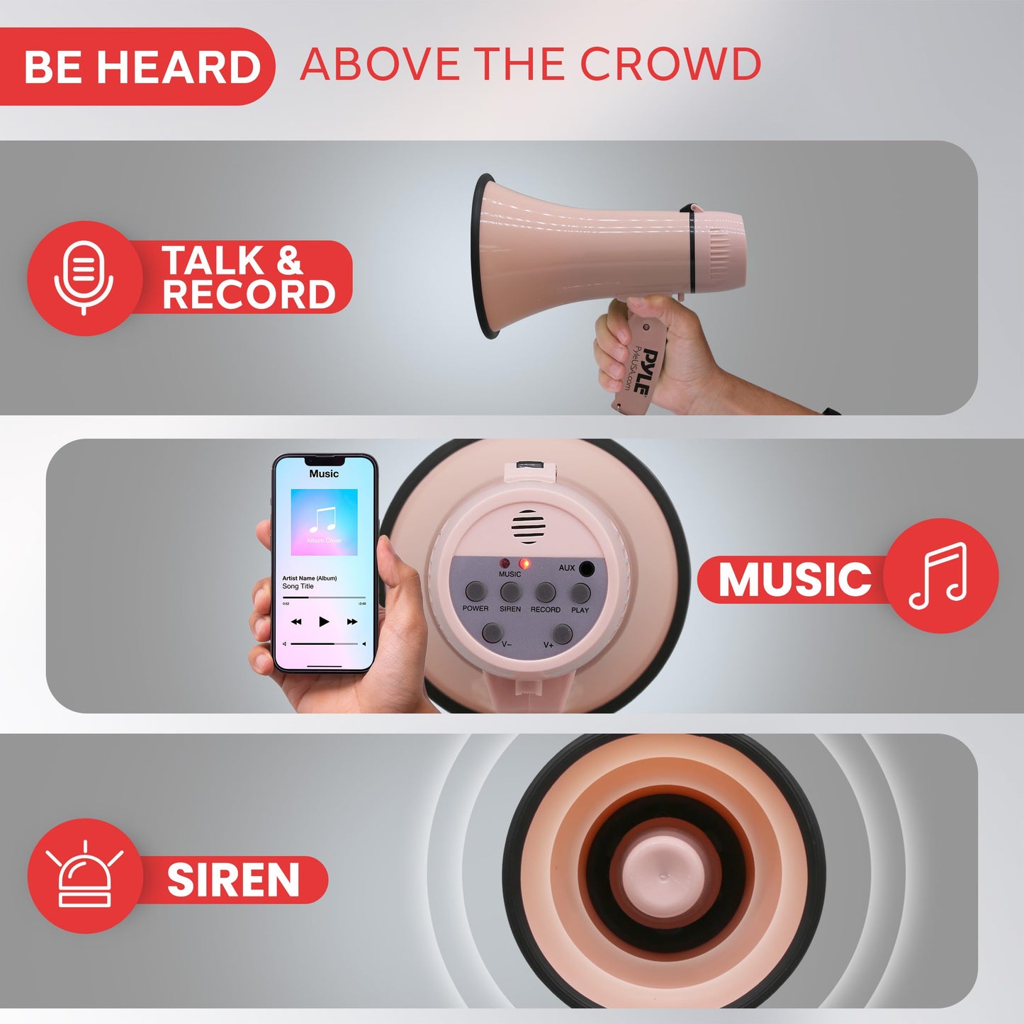 Pyle 20W Megaphone Bullhorn - Portable, Automatic Siren & Adjustable Volume,Projection Range Up to 400 Square Yards, Aux Input, Talk, Siren, Music, Whistle, & Record, Shoulder Strap (Pink)
