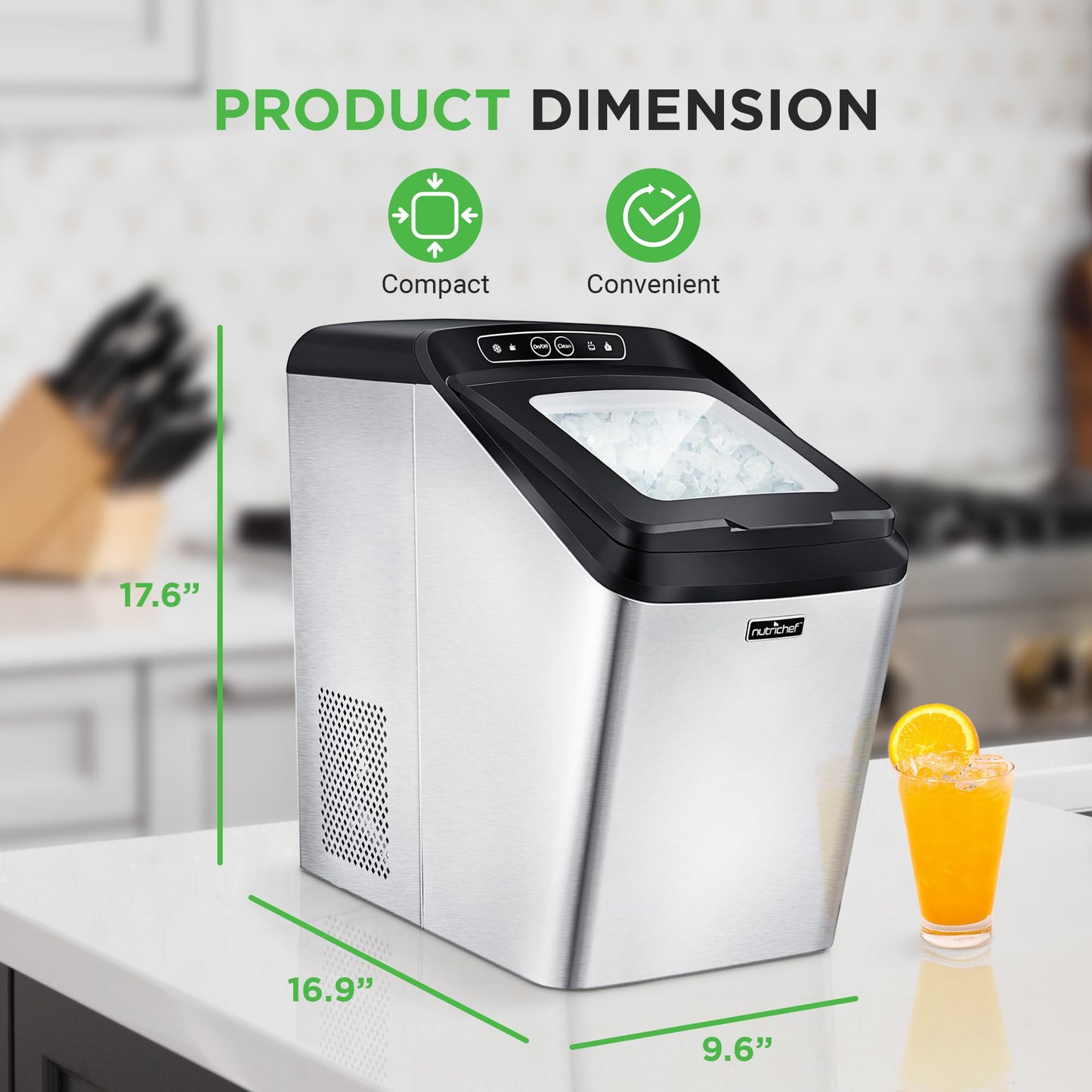 NutriChef Countertop Nugget Ice Maker Machine - Electric Nugget Ice Maker Countertop with Ice Scoop and Basket, Includes Rear-Mounted Hose Drainage, Compact, Convenient, and Incredibly Fast - NCICNUG