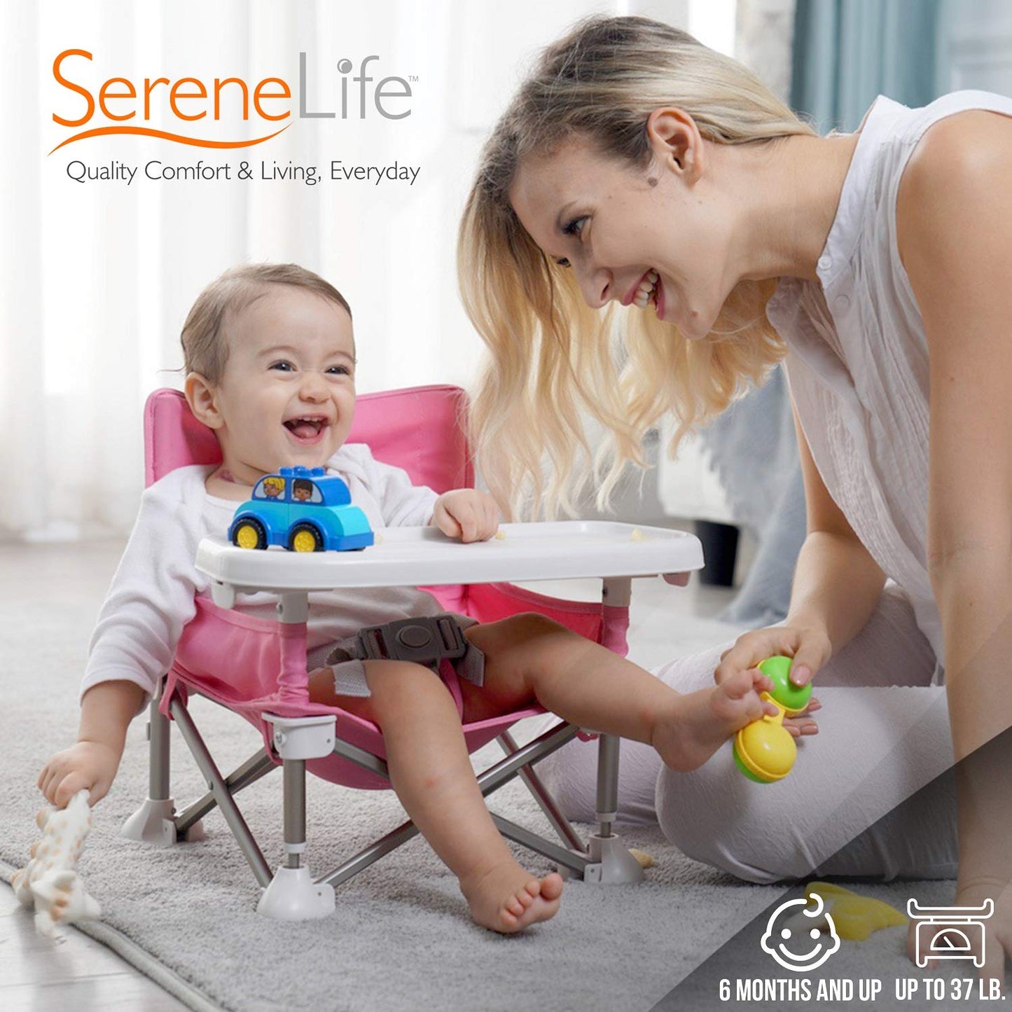 Serene Life Baby Seat Booster -Space Saver Toddler Booster Seat - Portable Pop and open Sit Folding Booster Feeding Chair - Safety Belt/Food Tray/Travel Bag - SereneLife
