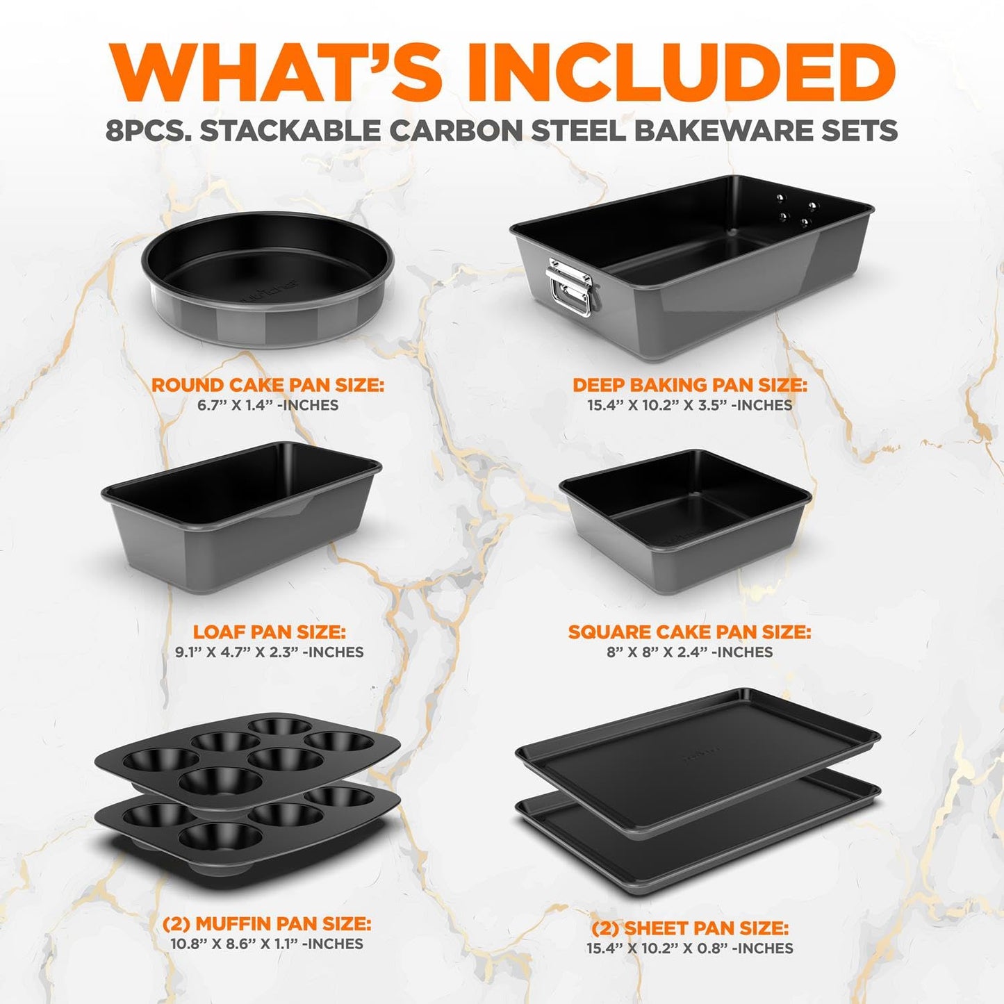 NutriChef 8-Piece Nonstick Stackable Bakeware Set - PFOA, PFOS, PTFE Free Baking Tray Set w/Non-Stick Coating, 450°F Oven Safe, Round Cake, Loaf, Muffin, Wide/Square Pans, Cookie Sheet (Gray)