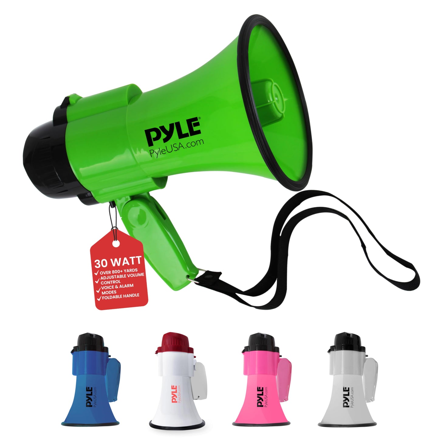 Pyle Compact Battery-Operated Megaphone with Siren - 30 Watt Power, Microphone, 2 Modes, PA Sound, Bullhorn, Foldable Handle for Cheerleading, Police Use (Green)