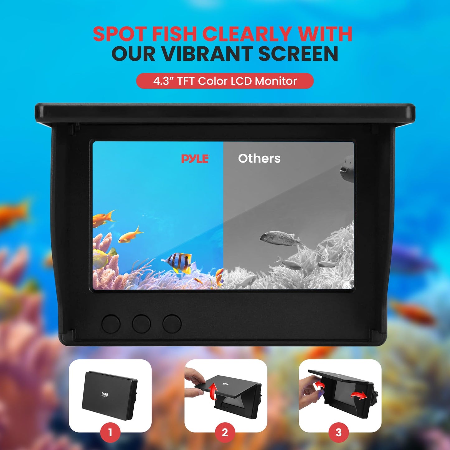 Pyle, Portable LCD Monitor, Underwater Fishing Camera, IP68 Water-Resistant, 4.3" TFT Color, 1000TVL Camera, 12pcs Infrared Lights, Rechargeable Battery, Carrying Case, Sunshield Cover