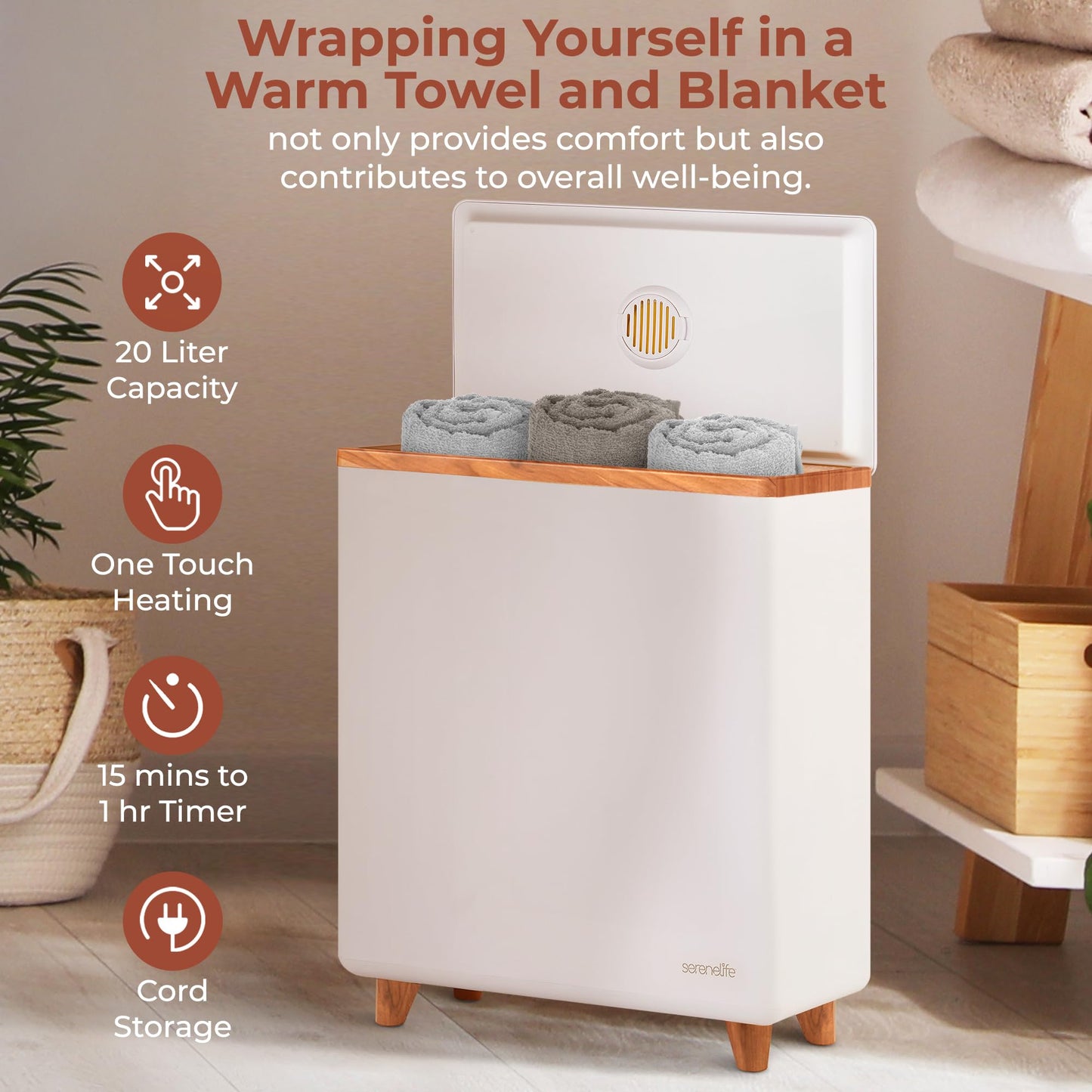 SereneLife Luxury Rectangle Towel Warmer - Spa & Bathroom Heater with Custom Fragrance, Auto Shut-Off, Fits 2 large Towels, Blankets, Bathrobes, PJ's - Perfect Gift for Him & Her (Natural Wood)