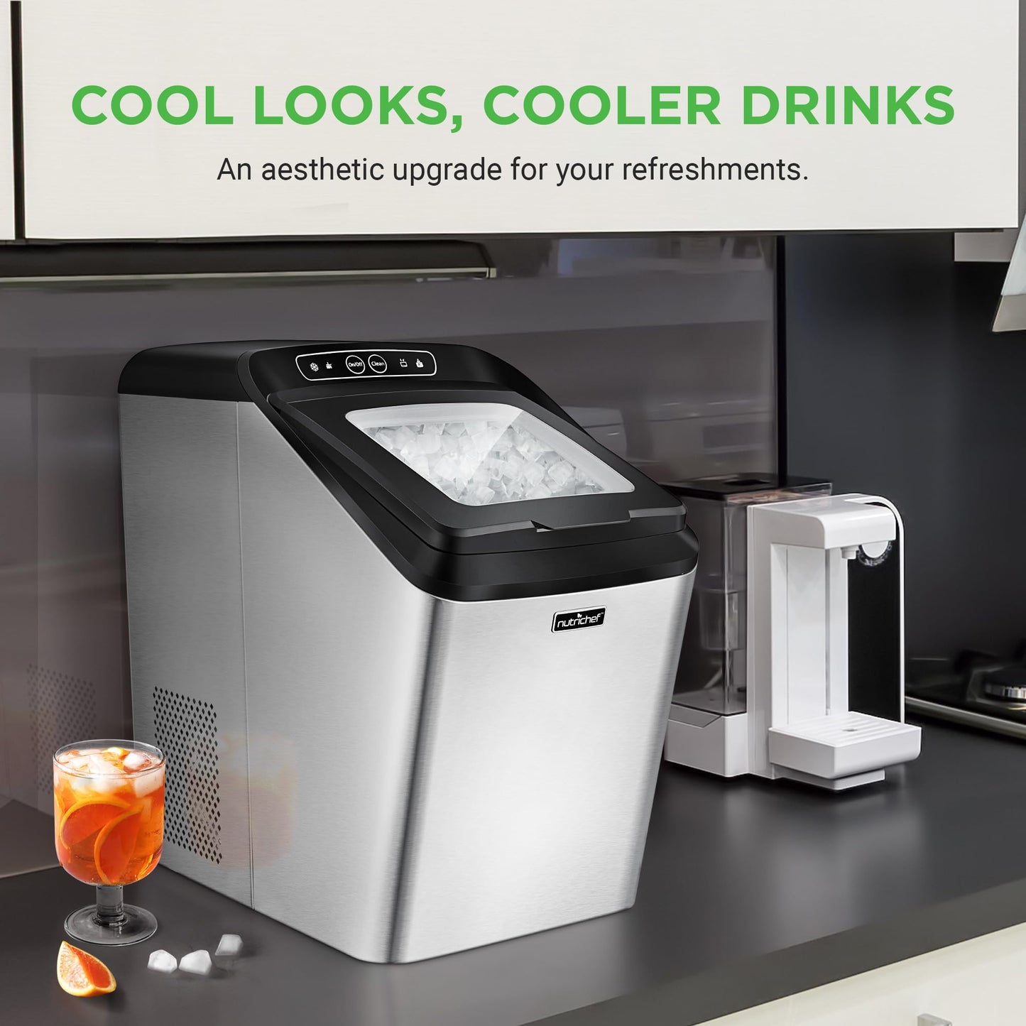 NutriChef Countertop Nugget Ice Maker Machine - Electric Nugget Ice Maker Countertop with Ice Scoop and Basket, Includes Rear-Mounted Hose Drainage, Compact, Convenient, and Incredibly Fast - NCICNUG