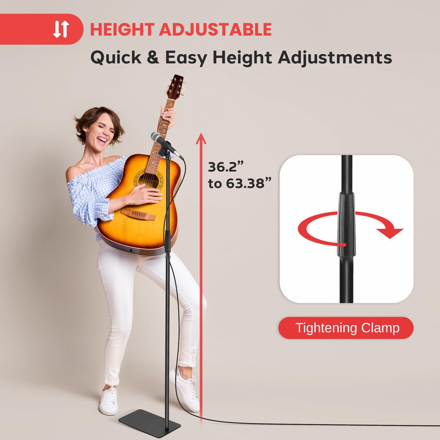 Pyle Square Base Microphone Stand with Mic Clip - Heavy Duty, Height Adjustable, 36.2" to 63.38'', Solid Die-Cast Base, Studio & Concert Use, Universal 5/8'' Adapter, Cable Clip Included