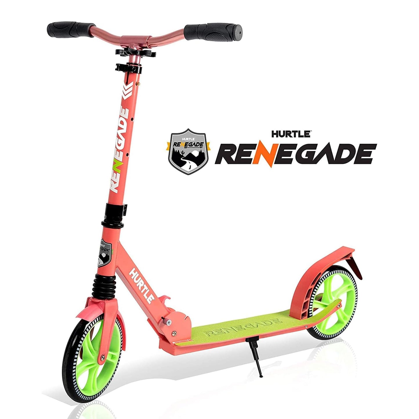 Hurtle Teenager Kick Scooter - 2 Wheel with Adjustable T-Bar Handlebar - Folding Adult with Alloy Anti-Slip Deck - 8" Smooth Gliding Wheels, Watermelon