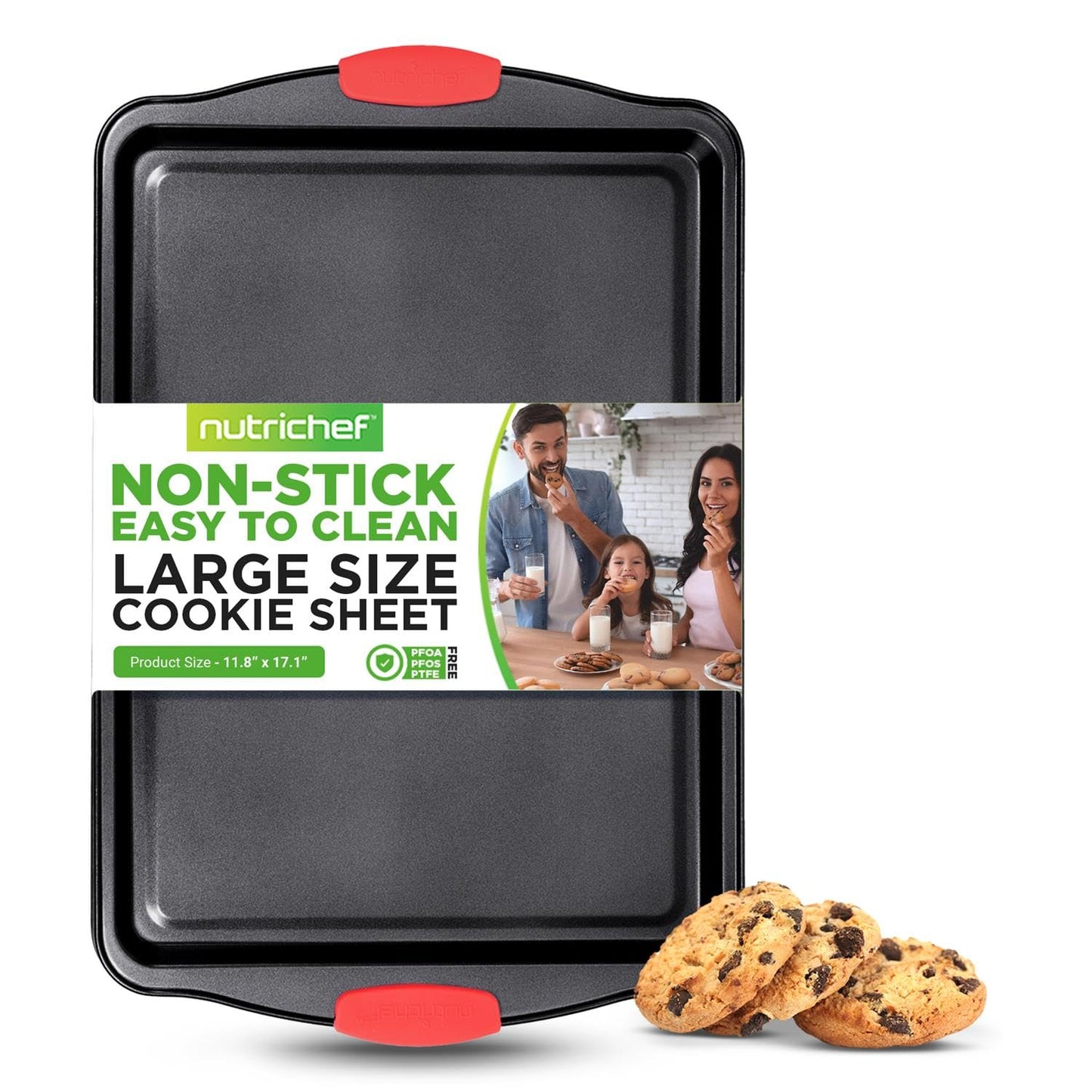 NutriChef Large Nonstick Cookie Sheet for Baking - 17" x 11" Carbon Steel Kitchen Oven Baking Pan, Premium Restaurant Grade Bakeware w/Red Silicone Handles - Easy to Clean, Black