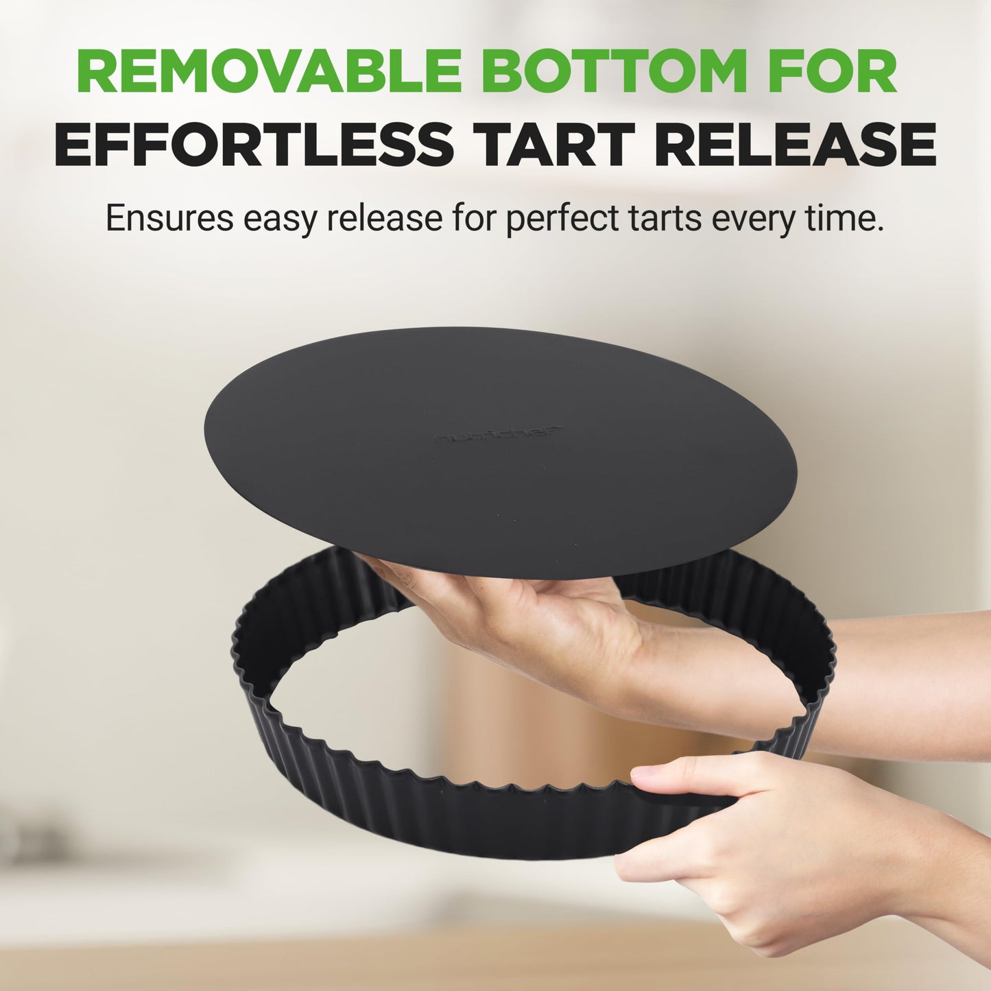 NutriChef 2 Round Tart Pans | 9 Inch Carbon Steel Tart Baking Trays with Removable Base | Nonstick & Even Heat Distribution | Includes 100 Parchment Papers | Height of 1 Inch | Black