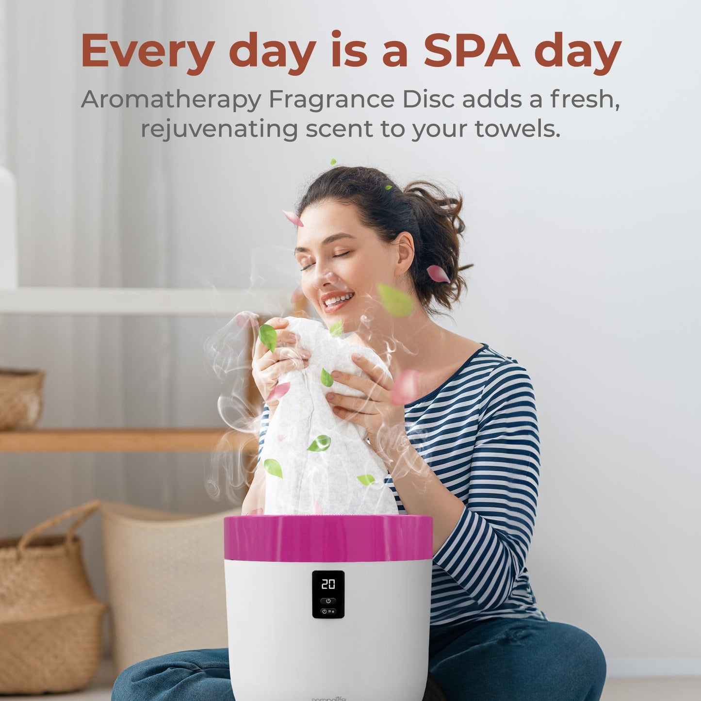 SereneLife Counter Towel Warmer Bucket - with Customized Fragrance for Spa and Bathroom, Luxury Heater, Auto Shut Off, Fits 1 Large Blanket, Bathrobe, PJs (Pink)