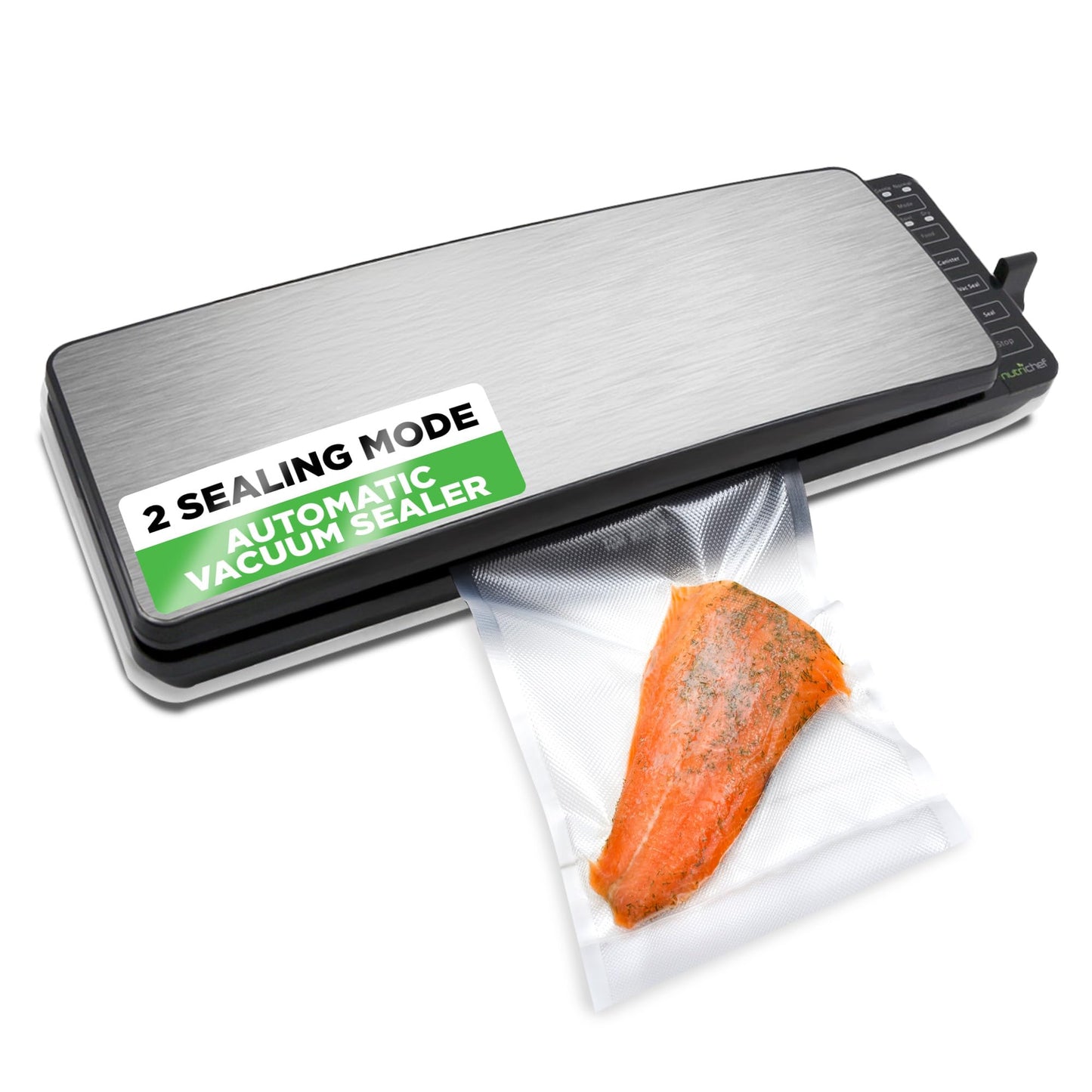NutriChef Automatic Food Vacuum Sealer System - 110W Suction Power w/ 2 Seal Modes, Includes Vac Roll Bags, Air Hose - PKVS35STS