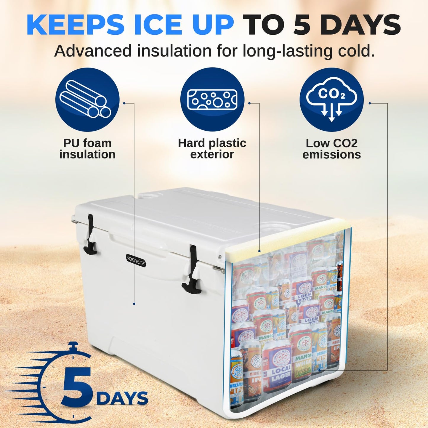 SereneLife Ultra-Tough 50 Quart Rotomolded Cooler Box, Holds Upto 64 Cans, Keeps Ice Up to 5 Days, Heavy-Duty Insulated Portable Ice Chest Box, Ideal for Camping, Beach, and Outdoor Adventures
