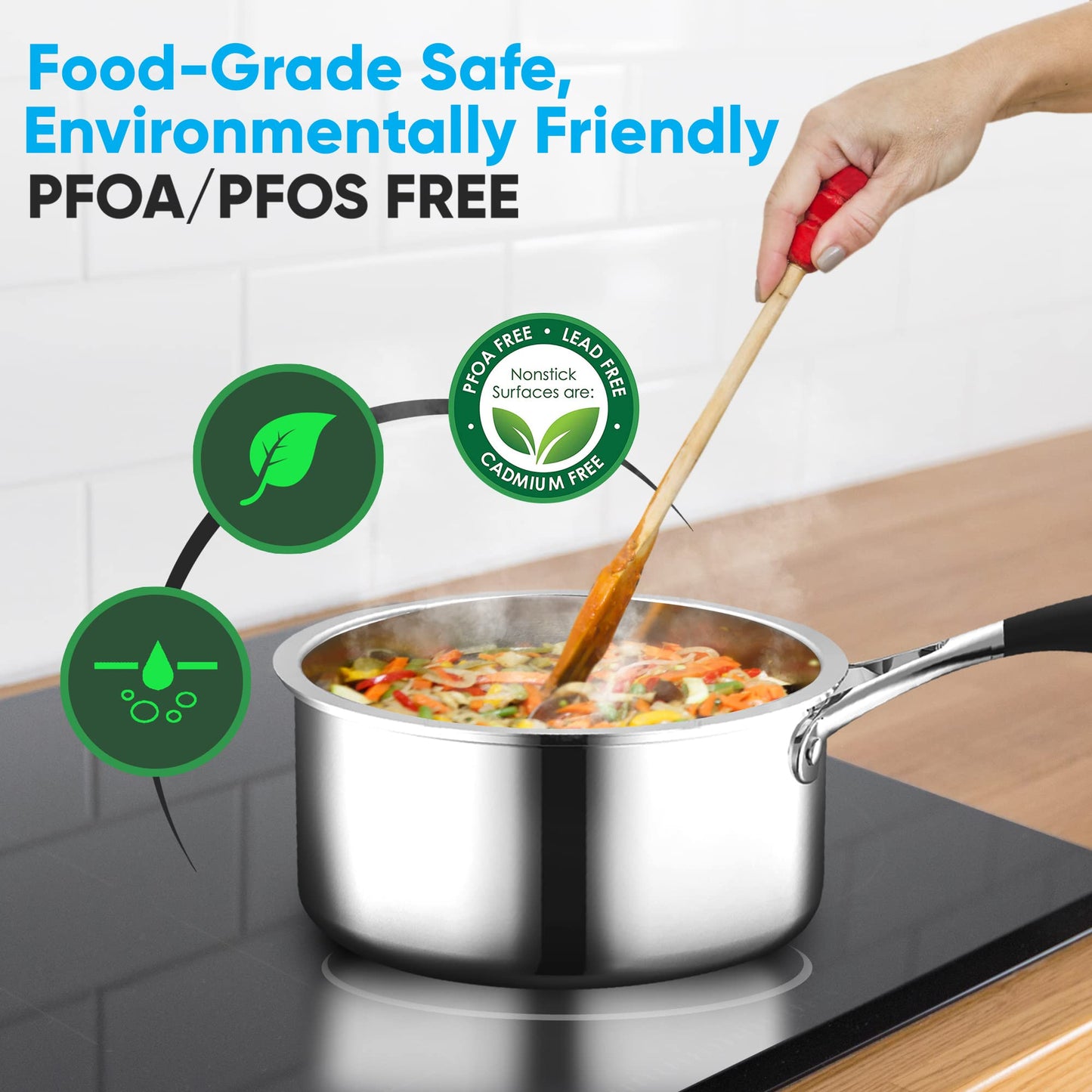 NutriChef 1.5-quart Saucepan with Lid - PFOA/PFOS Free Stainless Steel Stain-Resistant Sauce Pot Kitchen Cookware w/Satin Interior, Polished Exterior, Silicone Wrap Handles - Works w/Model NCSSS12