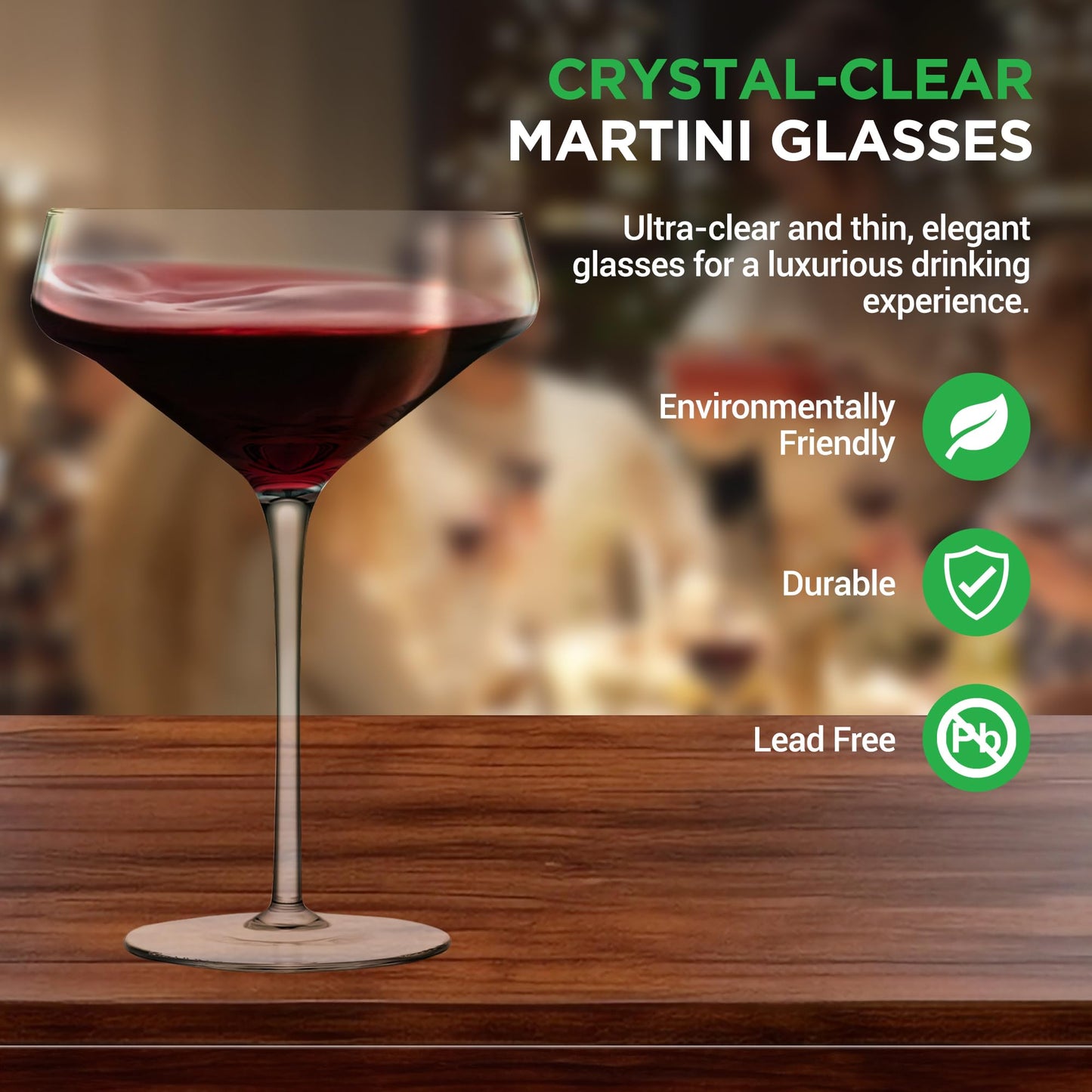 Nutrichef Martini Glasses Set of 2 - 10 oz - Hand Blown Crystal Martini Glasses with Stem - Elegant Cocktail Glasses, Martini Glass, Crystal Glasses For Housewarming Gifts, Parties, And Drinks