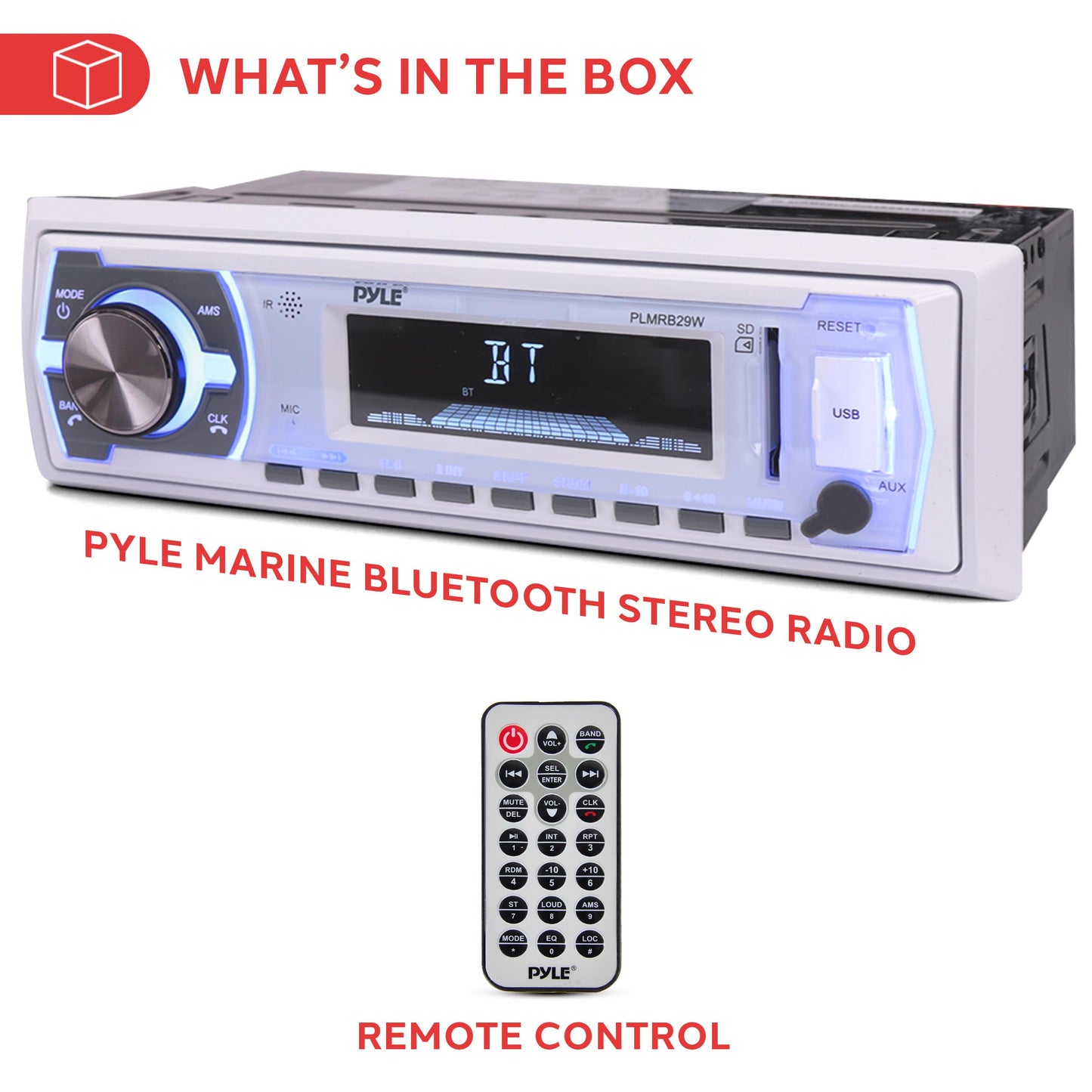 Pyle Marine Bluetooth Stereo Radio - 12V Single DIN In-Dash Receiver for Boat Audio with Built-In Mic - Digital LCD - MP3/USB/SD Playback - AM/FM Radio - RCA Output - Remote Control - PLMRB29W