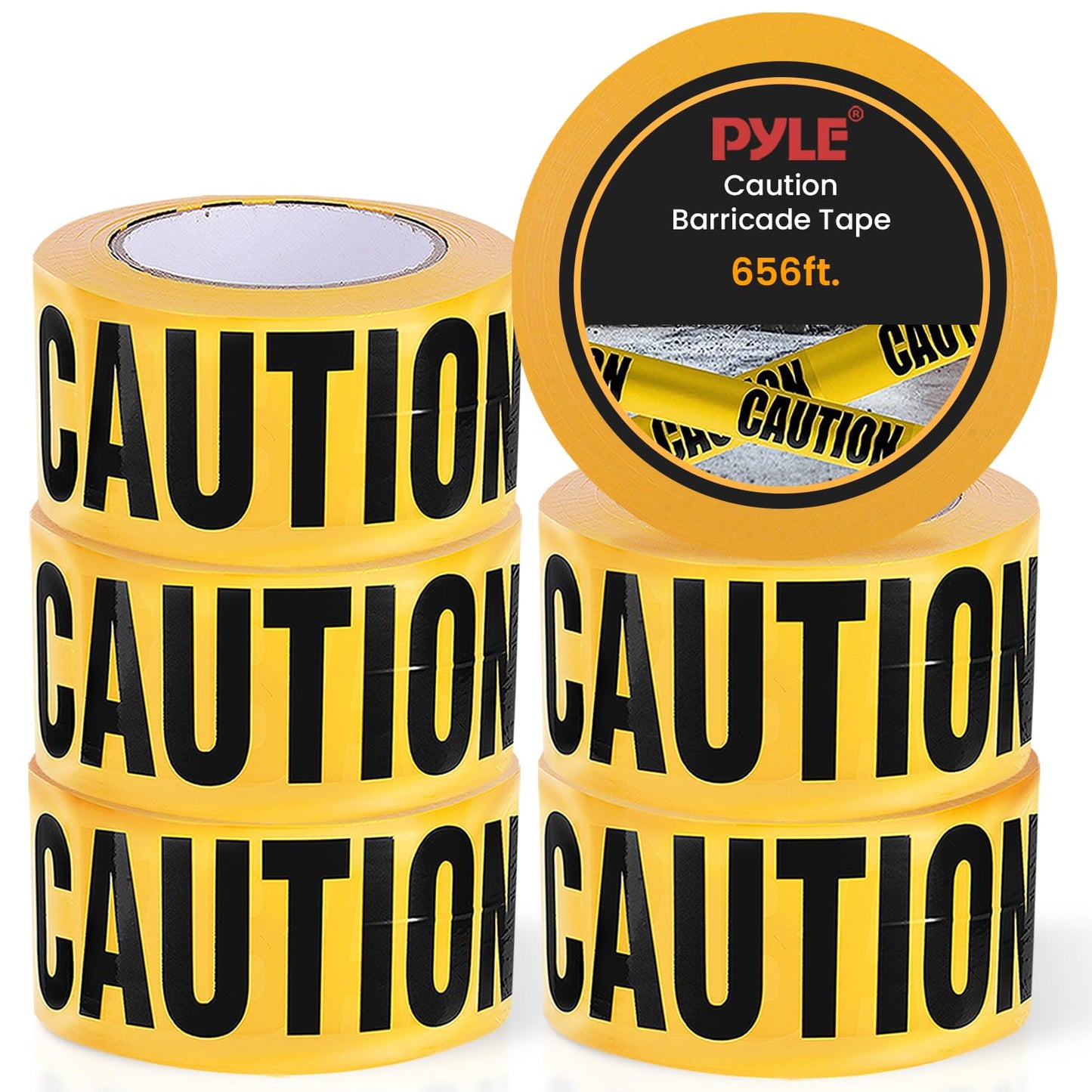 Pyle 6 Pieces Yellow Caution Tape Set - 656 Foot Long Tape Roll Suitable for a Wide Range of Applications, Including Roadworks, Events, and Hazardous Areas