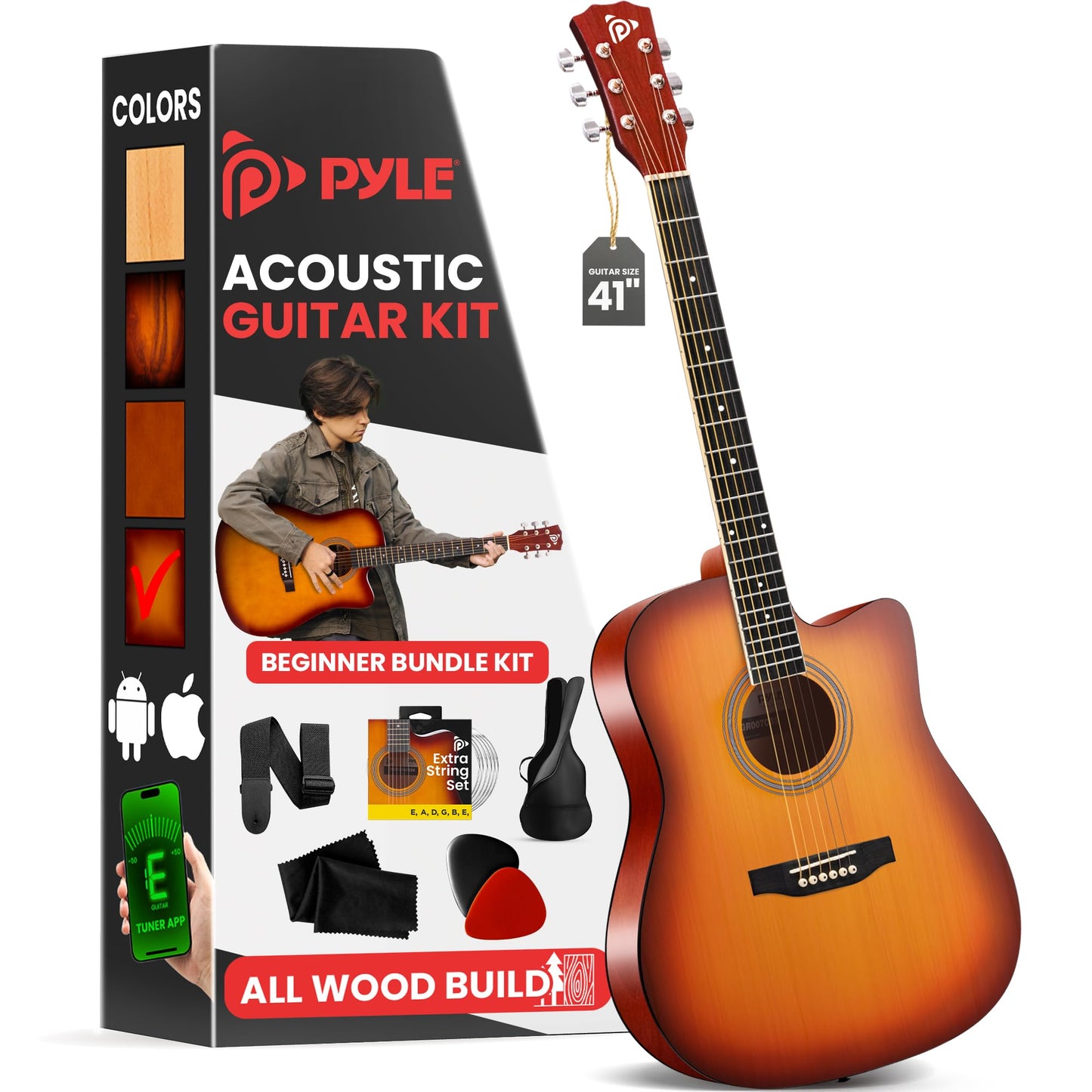 Pyle Steel String Acoustic Guitar Kit, 4/4 Full Size Cutaway All-Wood Guitarra Acustica with Premium Accessory Set and Upgraded Gig Bag, 41" Cherry Burst Glossy