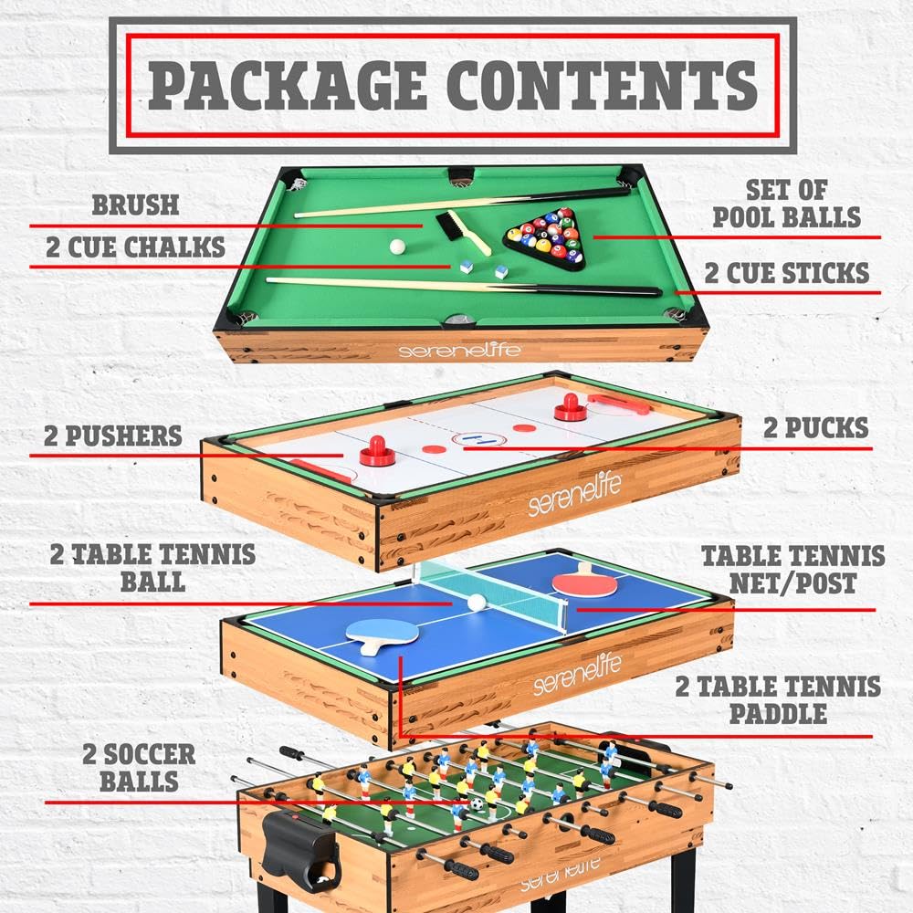 SereneLife 4in1 Multi Game Table, 48” Sports Arcade with Accessories, Ping Pong, Air Hockey, Pool Billiards, Soccer Foosball All in One, for Indoor and Outdoor, Family, Kids and Adults