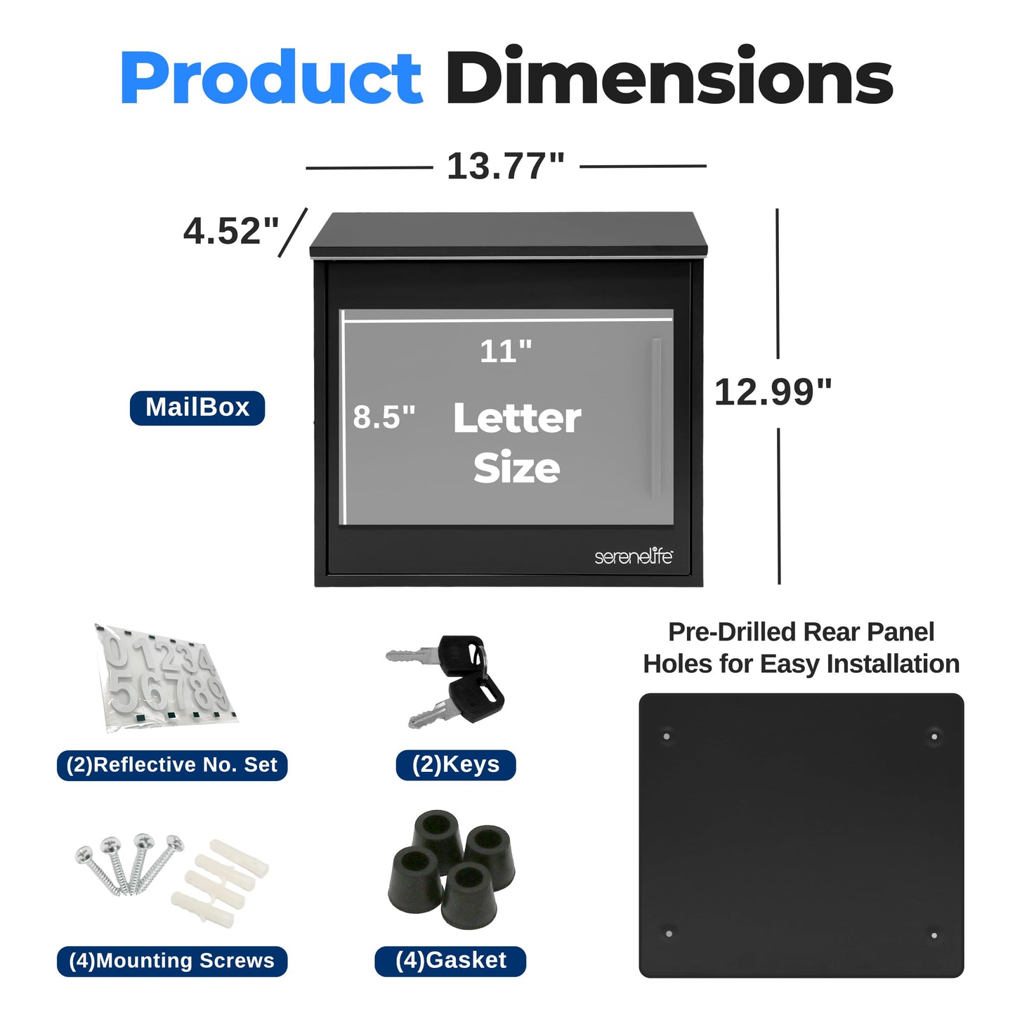 SereneLife Outdoor Wall Mailbox | 0.46 Cubic FT Locking Mailbox | Easy Installation, Secure Lock Mechanism | Ideal for Residential or Commercial Use | Wall Mountable 13.77" x 4.52" x 12.99 | Black