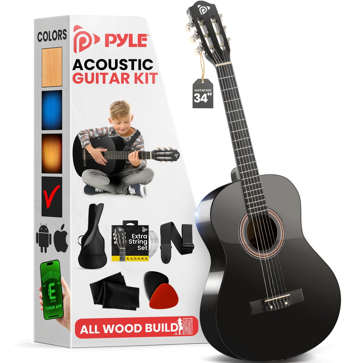 Pyle Beginner Acoustic Guitar Kit, 1/2 Junior Size All Wood Instrument for Kids, Adults, 34" Black Matte