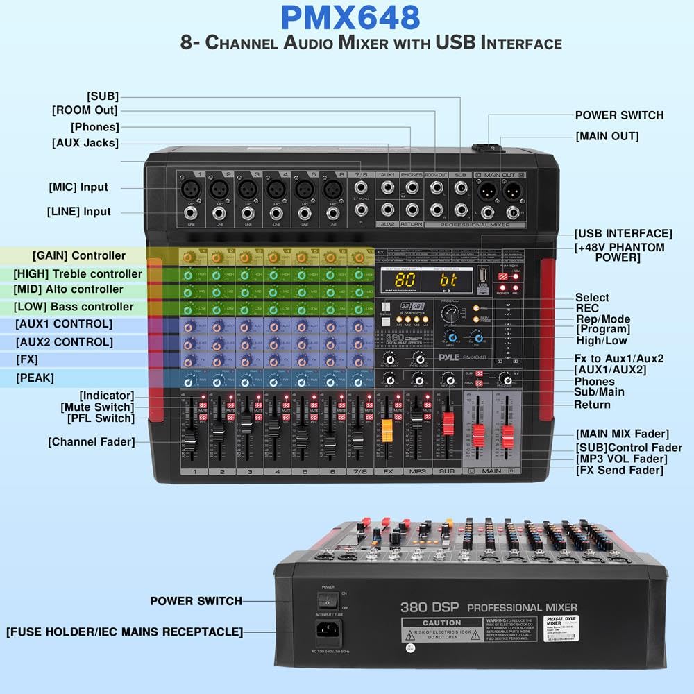Pyle 8-Channel Bluetooth 5.1 DJ Audio Mixer Controller - 380 Preset DSP Effects - USB Interface - 6 XLR Mic/Line Inputs - AUX - MP3 - Headphone Jack - +48V Phantom Power - High Headroom - PMX648