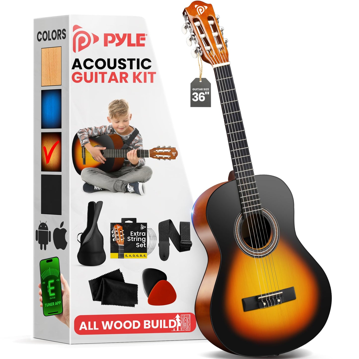 Pyle Beginner Acoustic Guitar Kit, 3/4 Junior Size All Wood Instrument for Kids, Adults, 36" Sunburst Teardrop Matte