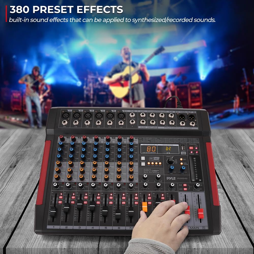 Pyle 8-Channel Bluetooth 5.1 DJ Audio Mixer Controller - 380 Preset DSP Effects - USB Interface - 6 XLR Mic/Line Inputs - AUX - MP3 - Headphone Jack - +48V Phantom Power - High Headroom - PMX648