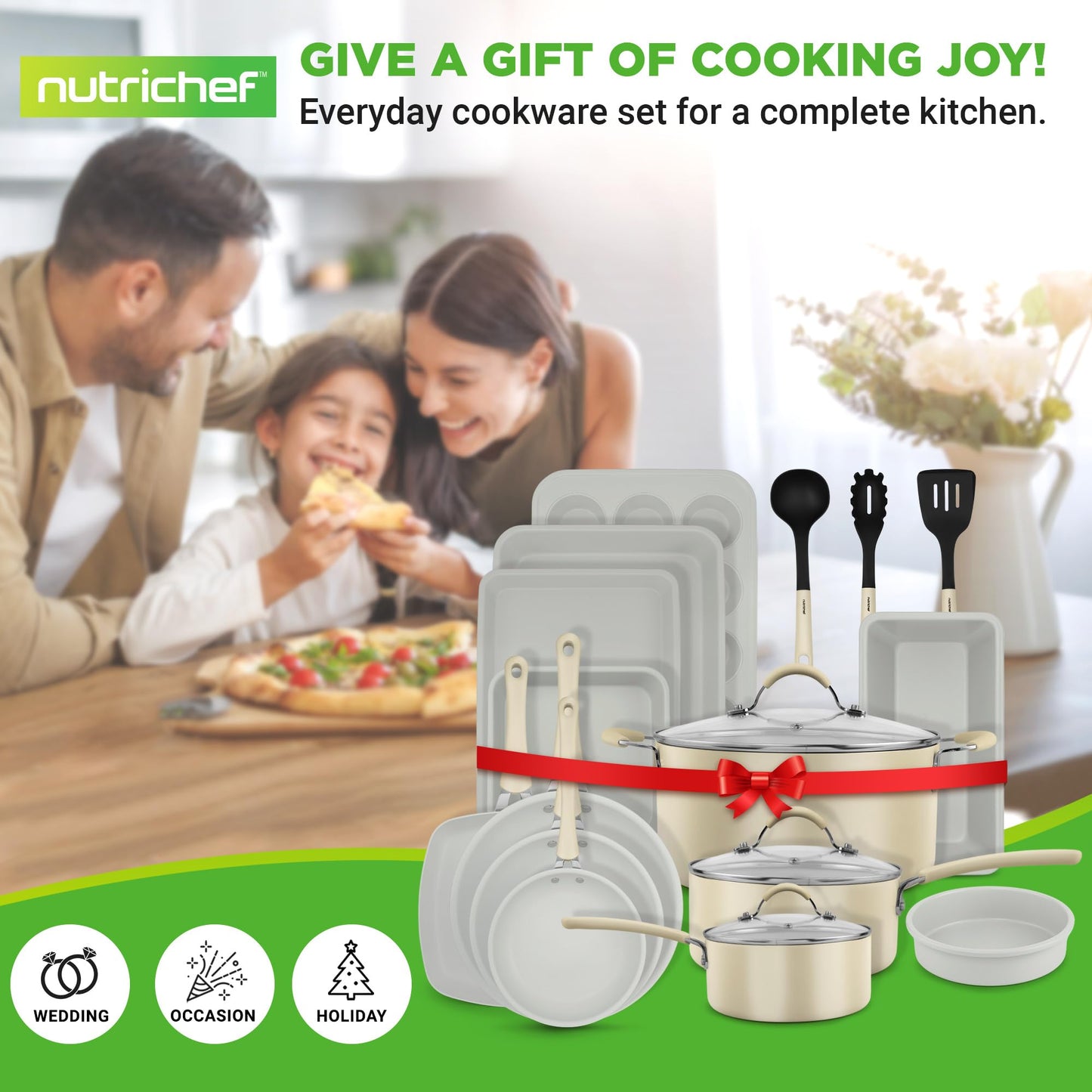 NutriChef 20-Piece Non-Stick Bakeware and Cookware Set - Utensils Including Pots and Baking Pans Made with Durable Aluminum, Tempered Glass Lids, Heat-Resistant Utensils, Easy-Clean Design (White)