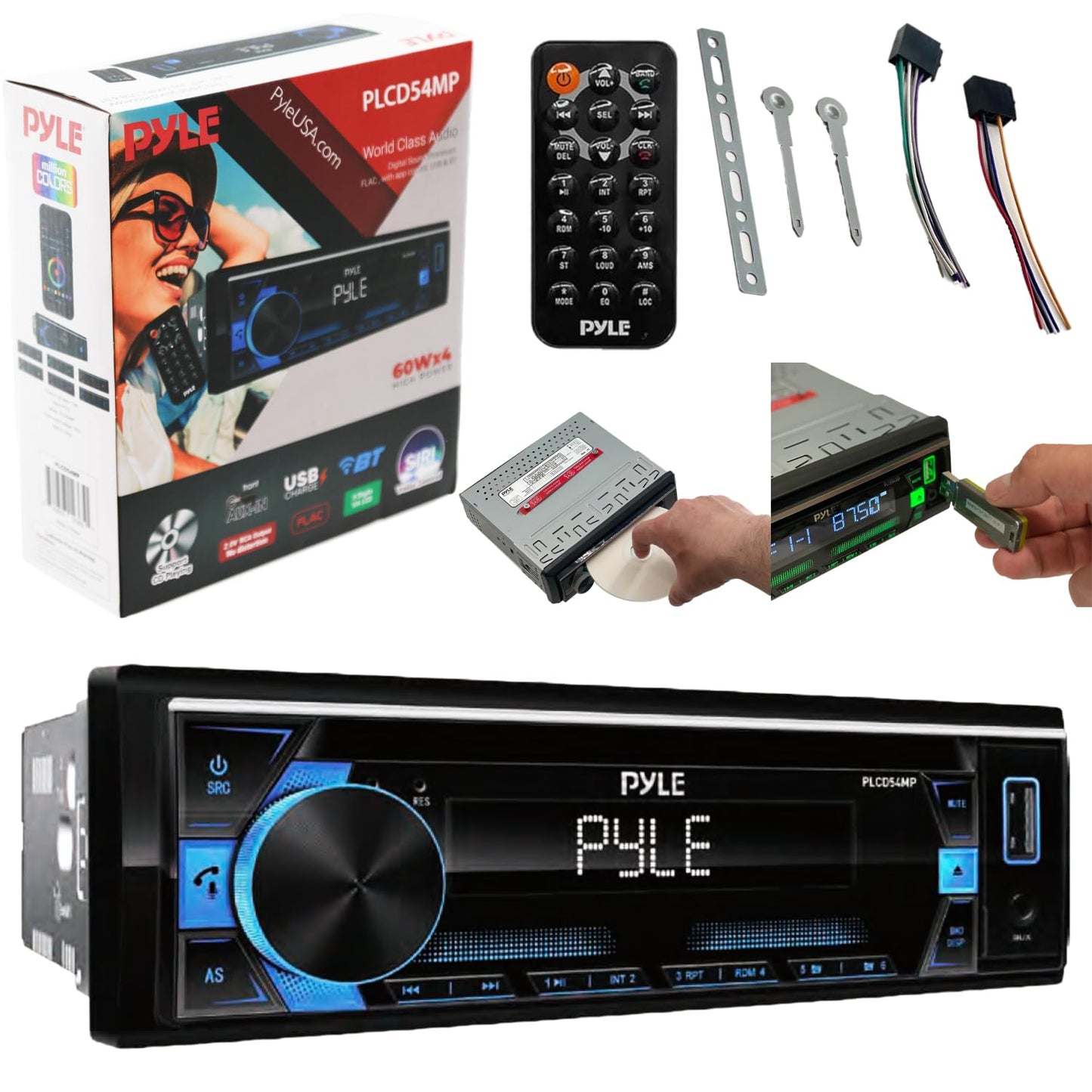 Pyle MP3 Stereo Receiver Power Amplifier, AM/FM/MP3/AUX Stereo Receiver, USB Flash Readers, Single DIN, 30 Preset Memory Stations, LCD Display with Remote Control, RGB Button