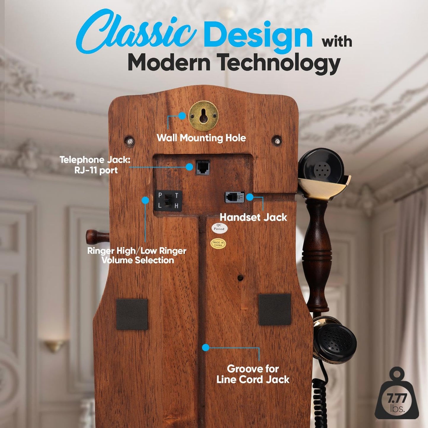Pyle Vintage Classic Wall-Mount Corded Phone – Retro Design with Crank Handle, Tone/Pulse Switch, Redial Function, Handcrafted Wood & Veneer, Antique Landline Telephone