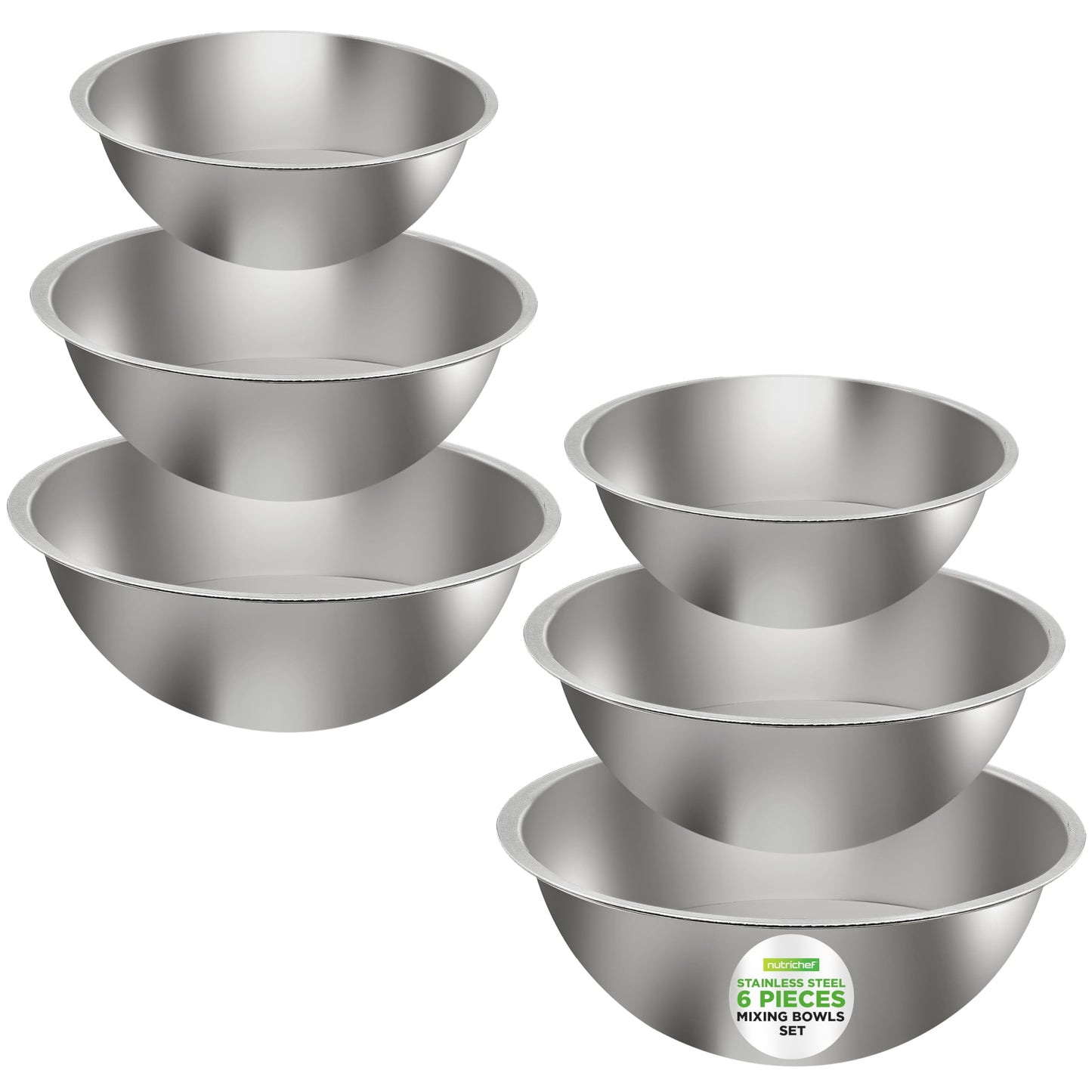 NutriChef 6-Piece Stainless Steel Mixing Bowls - Premium Stackable Nesting Bowls - Kitchen Essentials for Food Prep, Marinating, Mixing Salad, & More - Dishwasher Safe