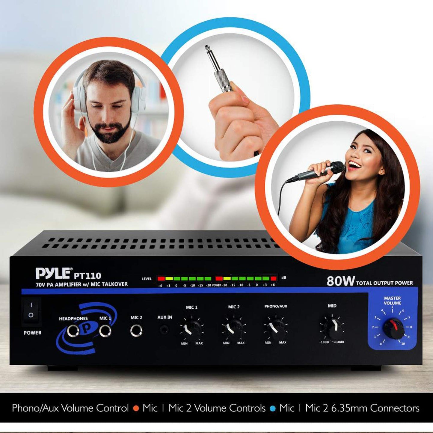 Pyle 80W Compact PA Mono Amplifier - Professional Mini Audio Receiver with 2 Mic Inputs/RCA /AUX/Headphone Jack - Bluetooth 5.0 - Independent Volume Control - for Public Address & Home Use - PT110