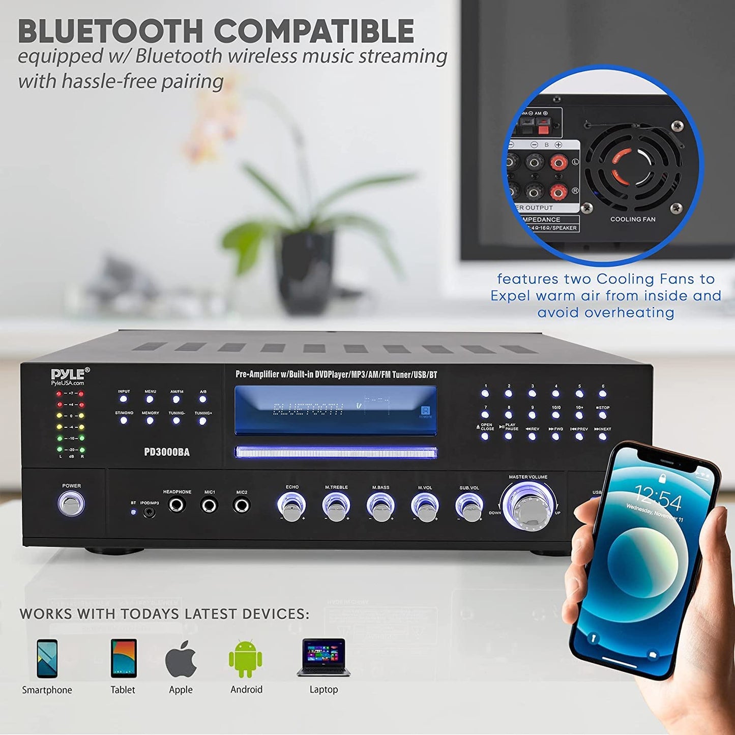 Pyle 4 Channel Wireless Bluetooth Amplifier - 3000W Peak Stereo Audio Receiver FM Radio - USB - 2 Mic Inputs w/ Echo - HDMI - 24-Bit Decode - CD/DVD - Subwoofer Output - LED - Rack Mount - PD3000BA