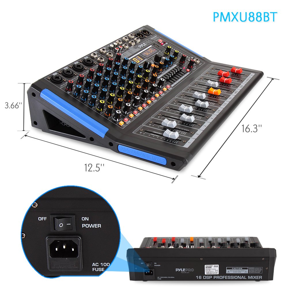 Pyle 8-Channel Bluetooth DJ Audio Mixer - Sound Controller w/ USB Drive for PC Recording - XLR Mic Input - 48V Power - 7-Band EQ - RCA I/O - DSP Processor for Professional & Beginners - PMXU88BT