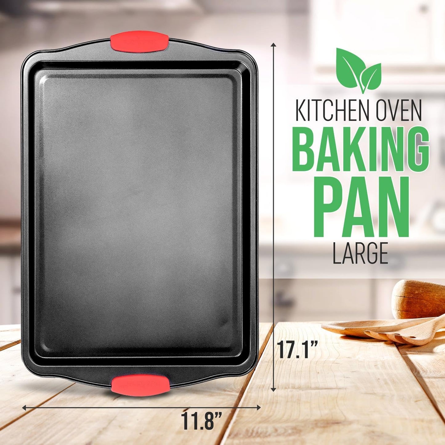 NutriChef Large Nonstick Cookie Sheet for Baking - 17" x 11" Carbon Steel Kitchen Oven Baking Pan, Premium Restaurant Grade Bakeware w/Red Silicone Handles - Easy to Clean, Black