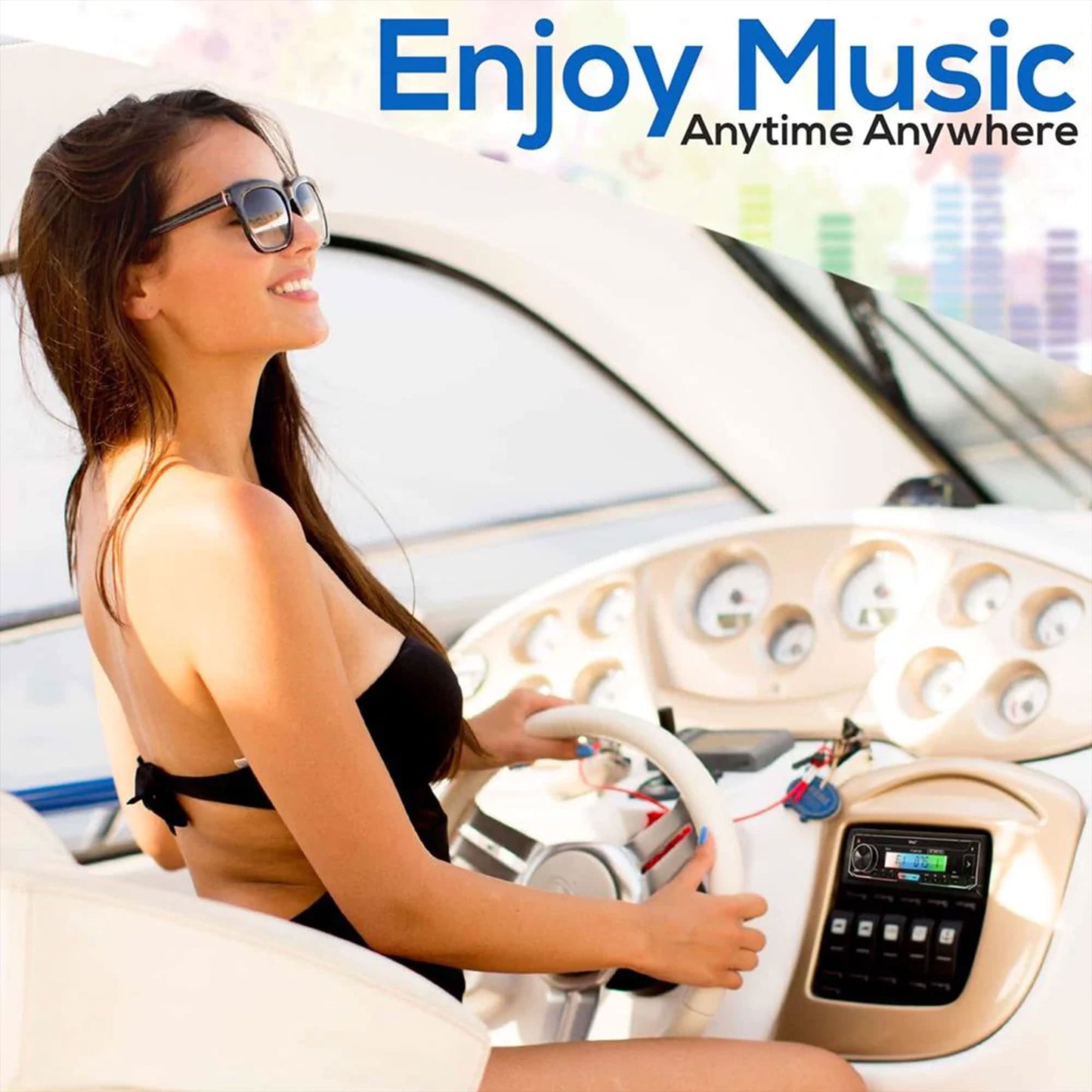 Pyle Bluetooth Marine Receiver Stereo & Speaker Kit 300W Single DIN Boat Marine Head Unit l LCD, Mic, Hands-Free Calling, AUX, MP3/USB/SD, AM/FM Radio, Remote - PLMRK47BK (Black)