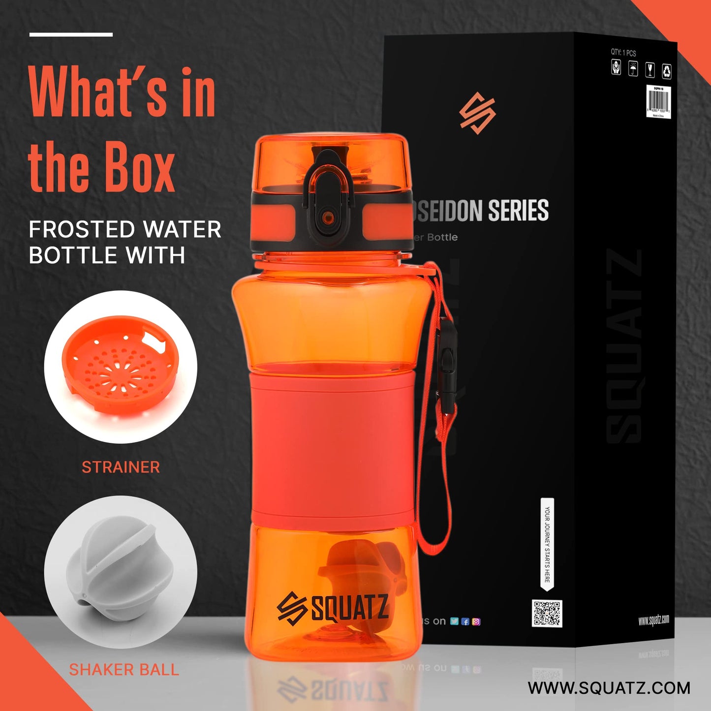 SQUATZ 17 Oz Poseidon Series Water Bottle for Protein and Fruit Shakes - Premium Quality Wide Mouth Gym Flask Fruit Infuser Strainer, Carrying Strap, Leak Resistance, No Condensation Sleeve