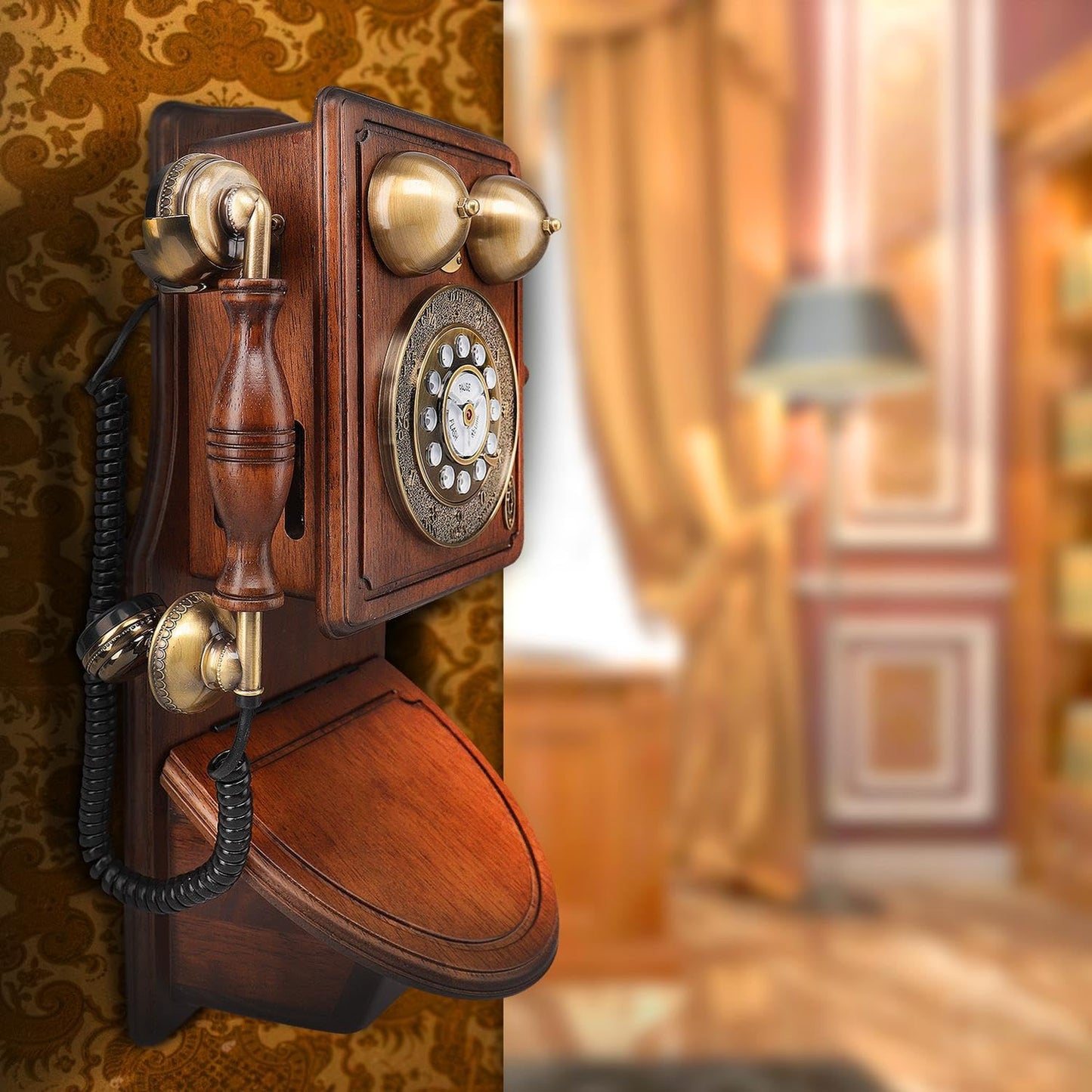 Pyle Vintage Classic Wall-Mount Corded Phone – Retro Design with Crank Handle, Tone/Pulse Switch, Redial Function, Handcrafted Wood & Veneer, Antique Landline Telephone