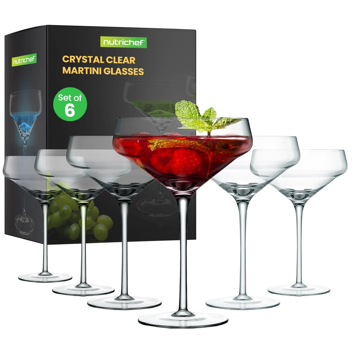 NutriChef 10oz Martini Glasses Set of 6, Elegant Cocktail Glasses for Martini, Cosmopolitan, and Mixed Drinks, Durable and Stylish Glassware for Home Bar or Parties
