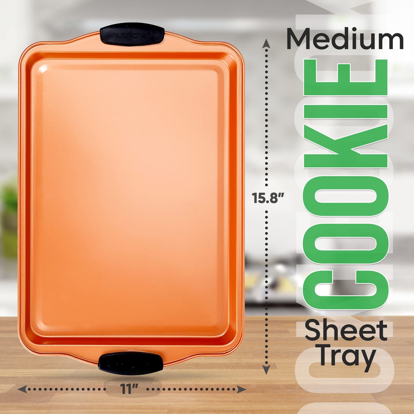 Nutrichef 15” Nonstick Cookie Sheet for Baking - Premium Grade Carbon Steel Non-Stick Baking & Roasting Pan w/ Silicone Handles - Dishwasher Safe, Copper
