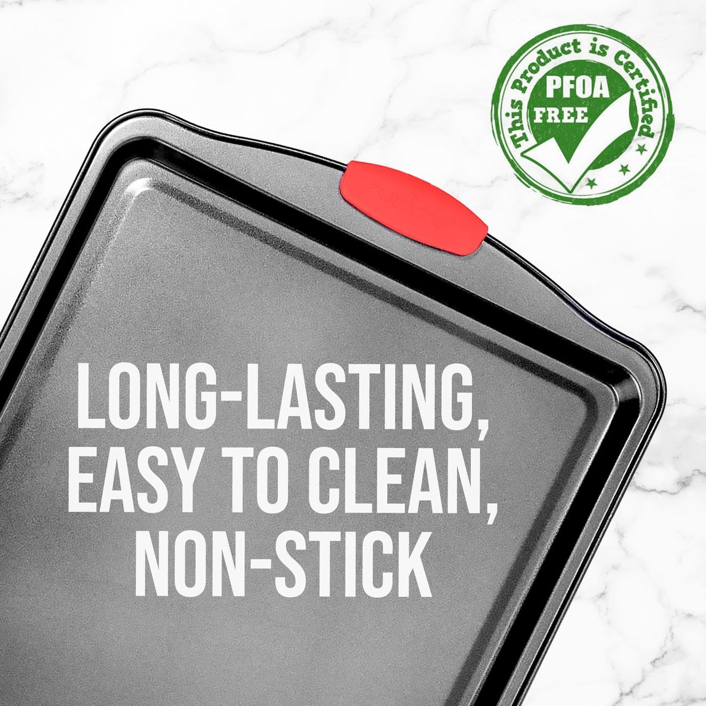 NutriChef Large Nonstick Cookie Sheet for Baking - 17" x 11" Carbon Steel Kitchen Oven Baking Pan, Premium Restaurant Grade Bakeware w/Red Silicone Handles - Easy to Clean, Black