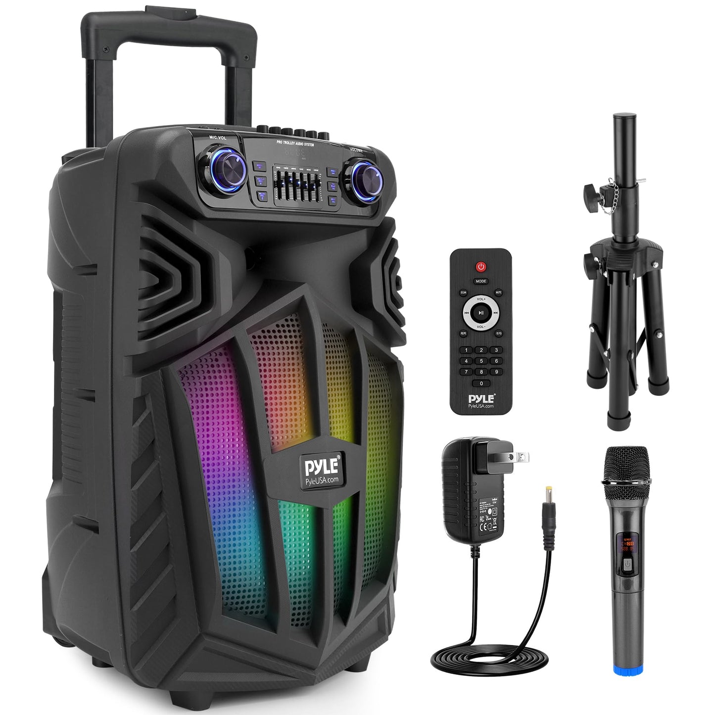 Pyle 1680W Portable Bluetooth PA Speaker - 15" Rechargeable Outdoor Karaoke Party Speaker, Audio System w/Wireless Mic and Wheels, TWS, Party Lights, LED Display, 6.5mm Mic Input, FM/AUX/MP3/USB/SD