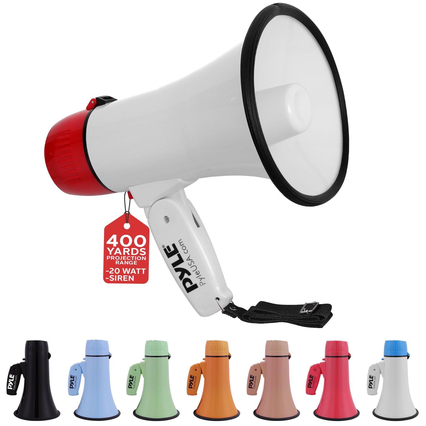 Pyle 20W Megaphone Bullhorn - Portable, Automatic Siren & Adjustable Volume,Projection Range Up to 400 Square Yards, Aux Input, Talk, Siren, Music, Whistle, & Record, Shoulder Strap (White-Red)