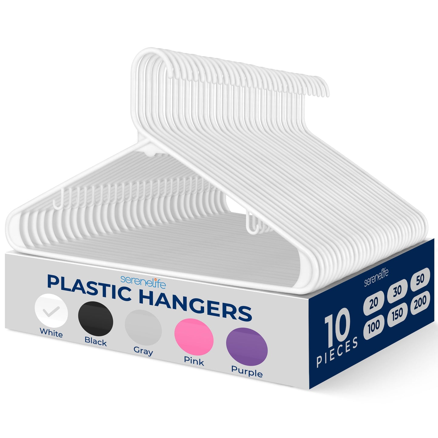 SereneLife Premium 10 Pack Plastic Hangers, Lightweight, Durable, Space Saving Clothes Organizers, Suitable for Shirts, Sweaters, Hoodies, Dresses, Kids Clothes, Good for Home Organization (White)