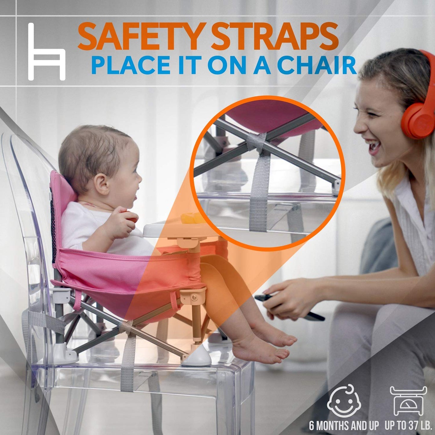 Serene Life Baby Seat Booster -Space Saver Toddler Booster Seat - Portable Pop and open Sit Folding Booster Feeding Chair - Safety Belt/Food Tray/Travel Bag - SereneLife