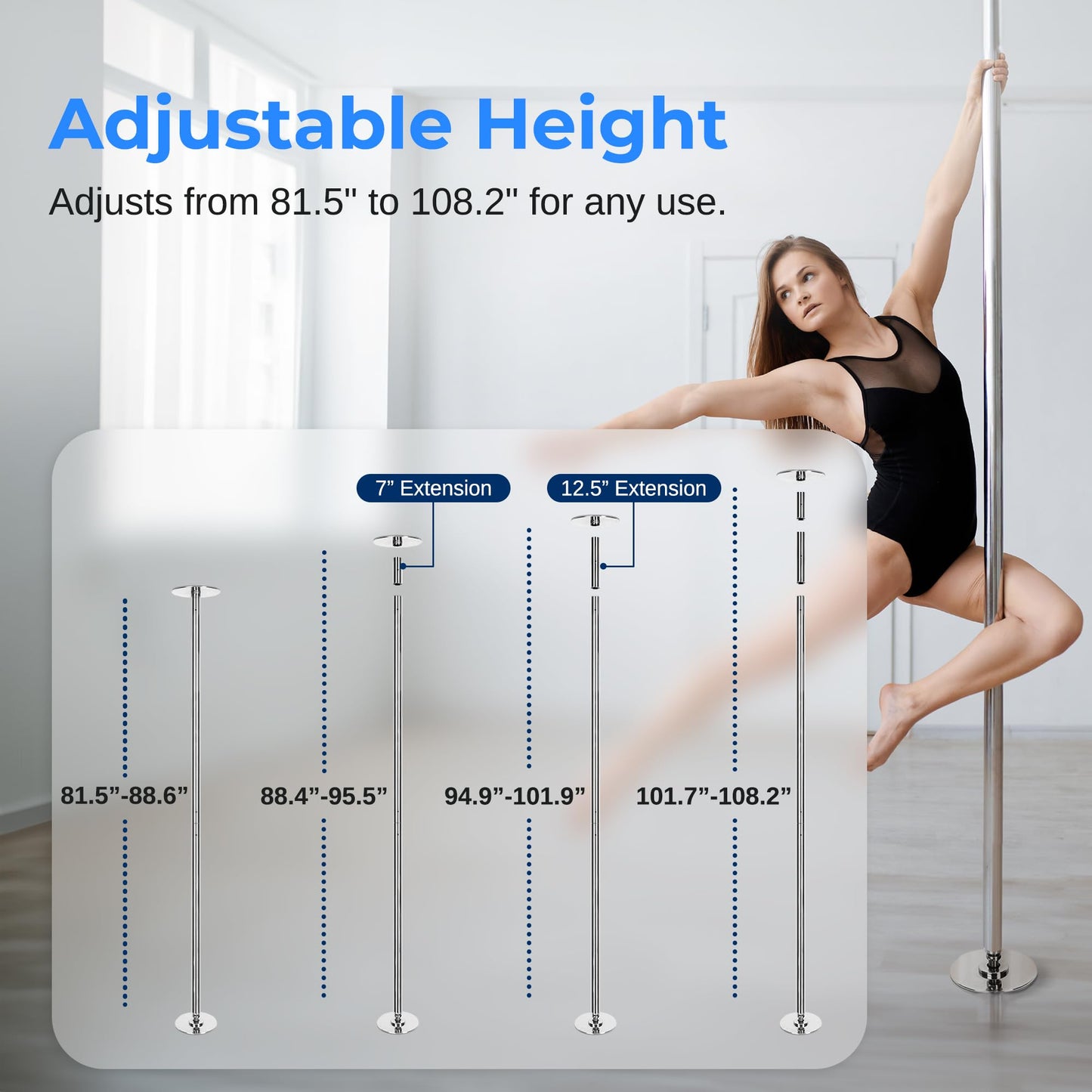 SereneLife Portable Spinning Fitness Pole – Adjustable Height 82–108" & 23.8 lb Steel Pole for Home Gym, Dance, Club & Bar – Chrome Finish, Easy to Install & Remove, Supports Up to 1,102 lb