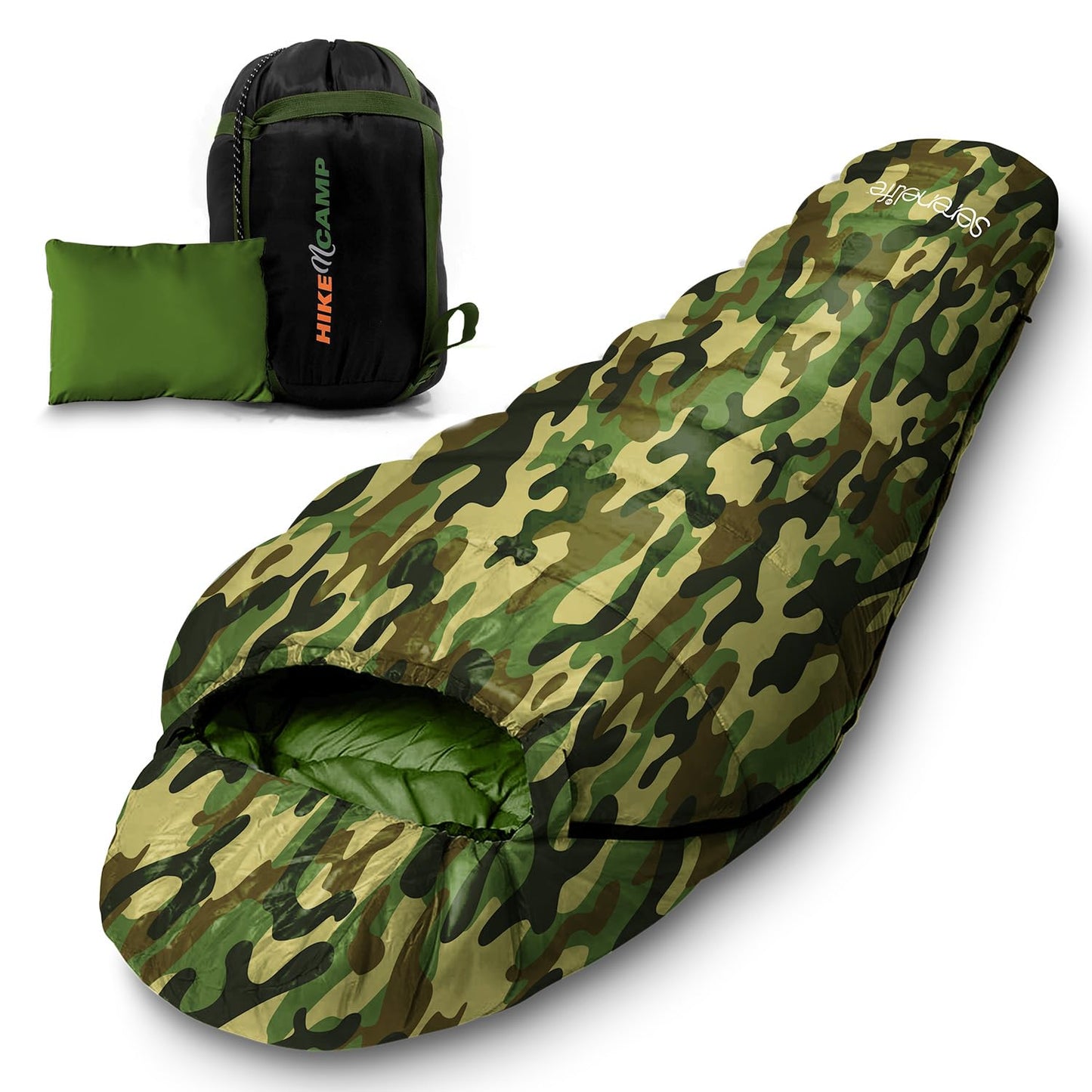 SereneLife Backpacking Sleeping Bag Camping Gear, Mummy Sleeping Bag for Adults/Teens w/Pillow and Bag, Outdoor Lightweight Weather Proof Sleeping Bag for Camping, Hiking Traveling, Camouflage