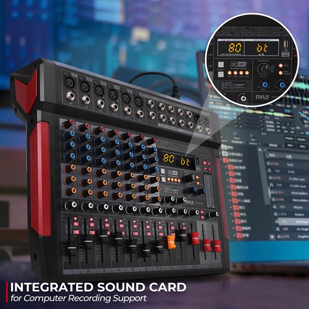 Pyle 8-Channel Bluetooth 5.1 DJ Audio Mixer Controller - 380 Preset DSP Effects - USB Interface - 6 XLR Mic/Line Inputs - AUX - MP3 - Headphone Jack - +48V Phantom Power - High Headroom - PMX648