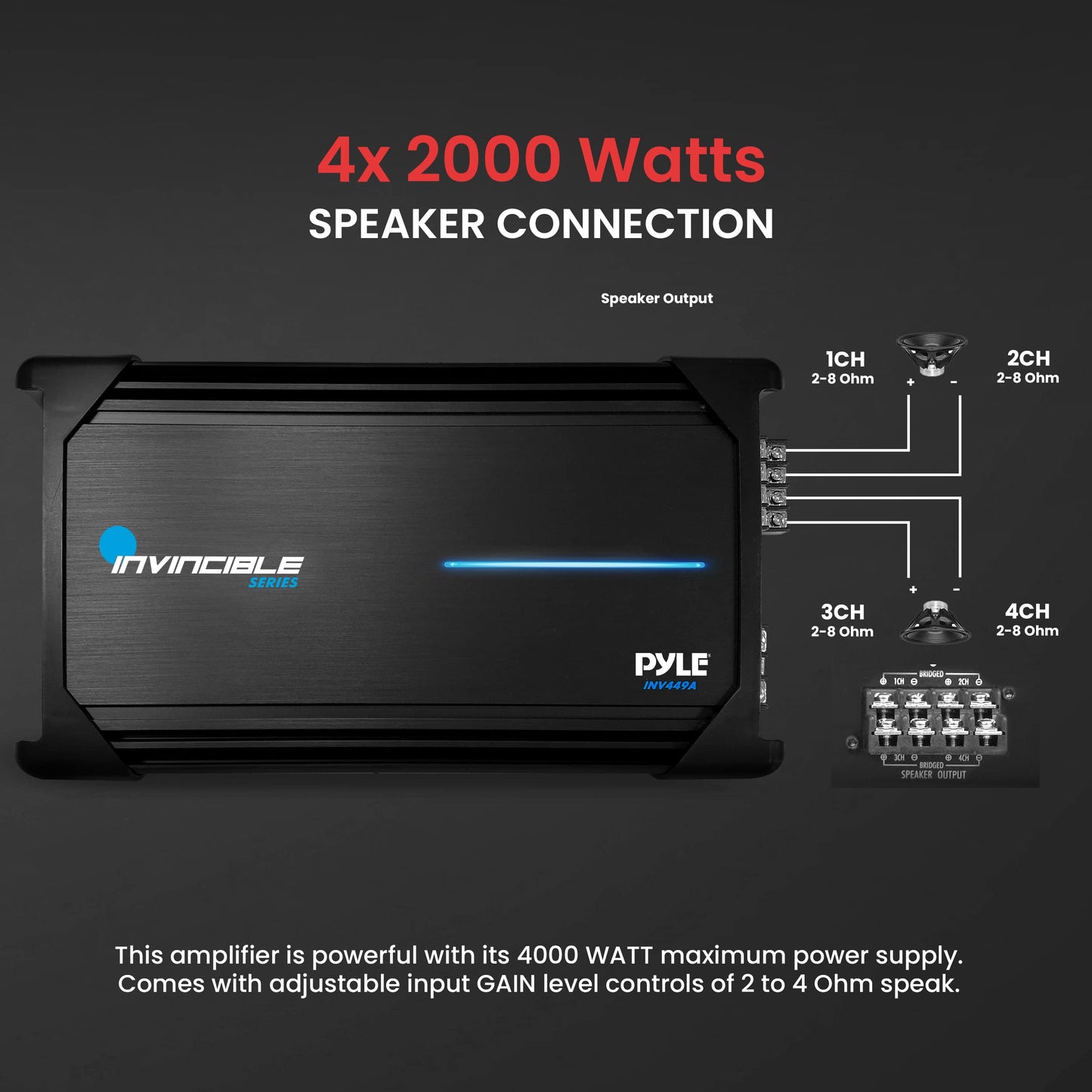 Pyle 14” Class AB Mosfet Amplifier - Invincible Series Bridgeable Amp, 4 Channel 2000 Watts Max, Mosfet PWM Power Supply, High-Current Dual Discrete Drive Stages, Advanced Protection Circuitry