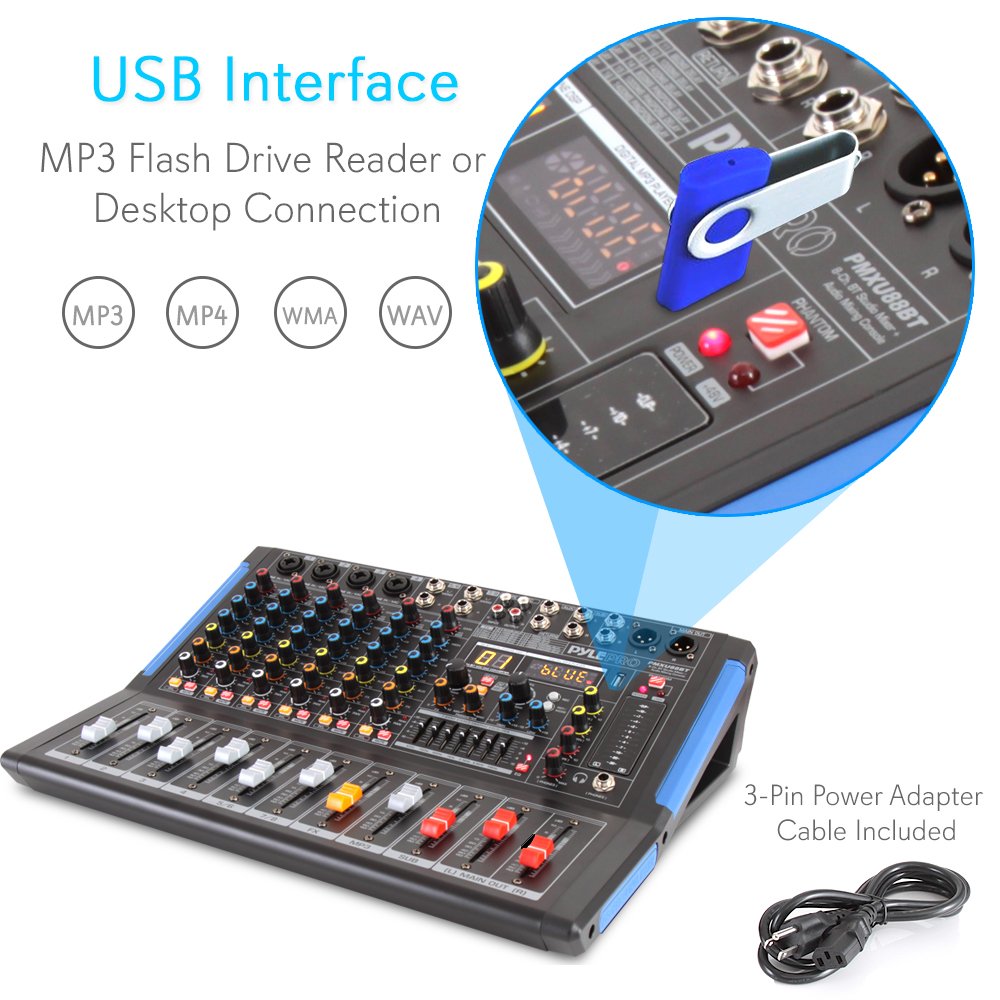 Pyle 8-Channel Bluetooth DJ Audio Mixer - Sound Controller w/ USB Drive for PC Recording - XLR Mic Input - 48V Power - 7-Band EQ - RCA I/O - DSP Processor for Professional & Beginners - PMXU88BT