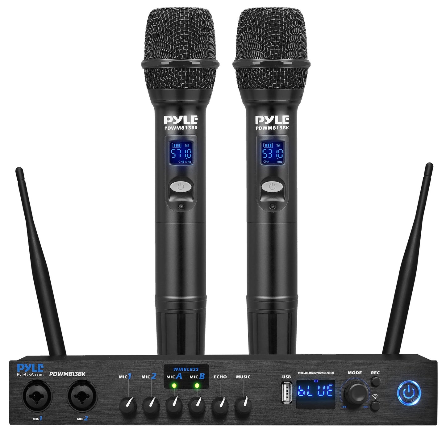 Pyle UHF Wireless Microphone System - Portable Digital Audio Sound Mixer Receiver w/Bluetooth, 2 Handheld Mic, Receiver Base, Addressable Frequency, Great for Home Karaoke & Professional Use, Black